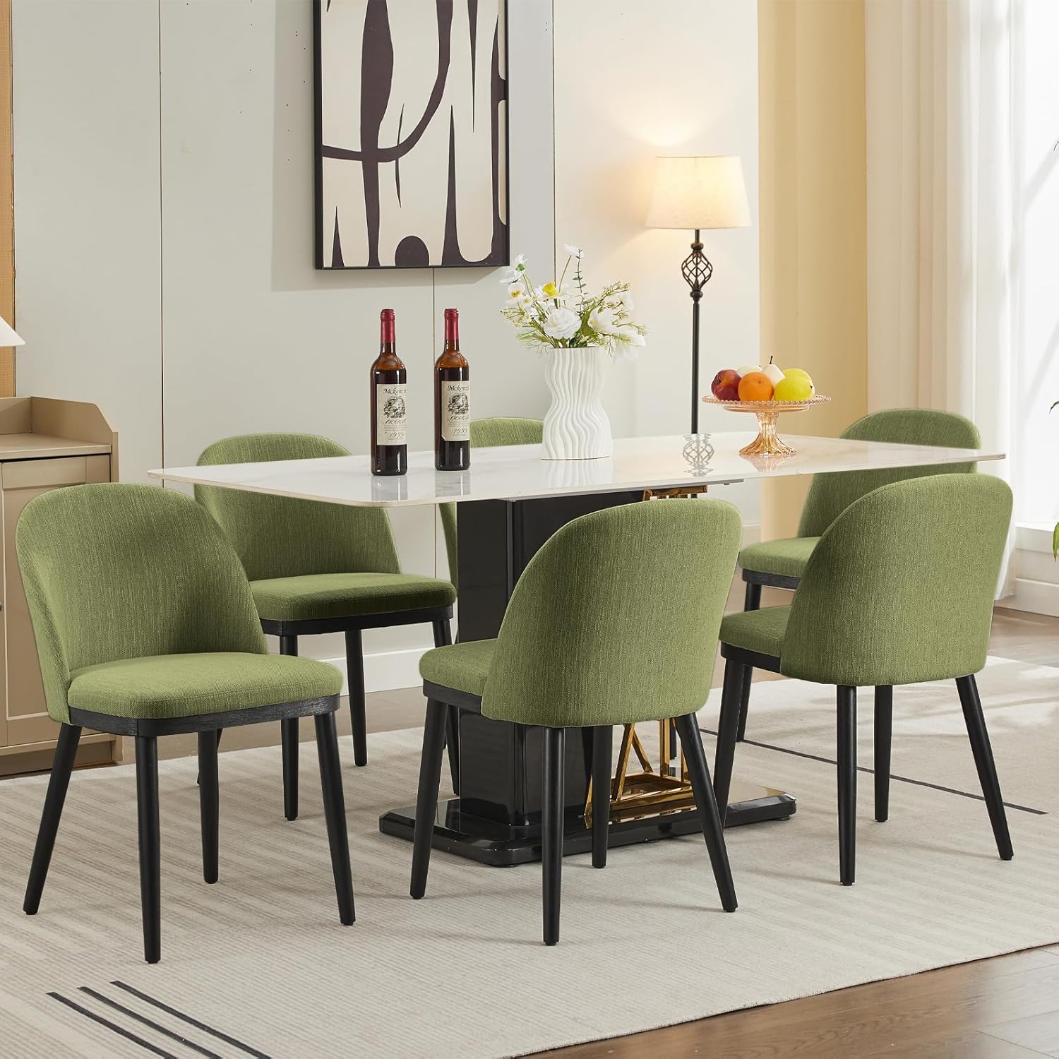 Garvee Wooden Dining Chairs Set of 6, Upholstered Kitchen Dining Room Chair, Modern Linen Fabric Farmhouse Dinner Chair with Leveling Feet/High Backrest Support for Dining Room, Living Room,Green