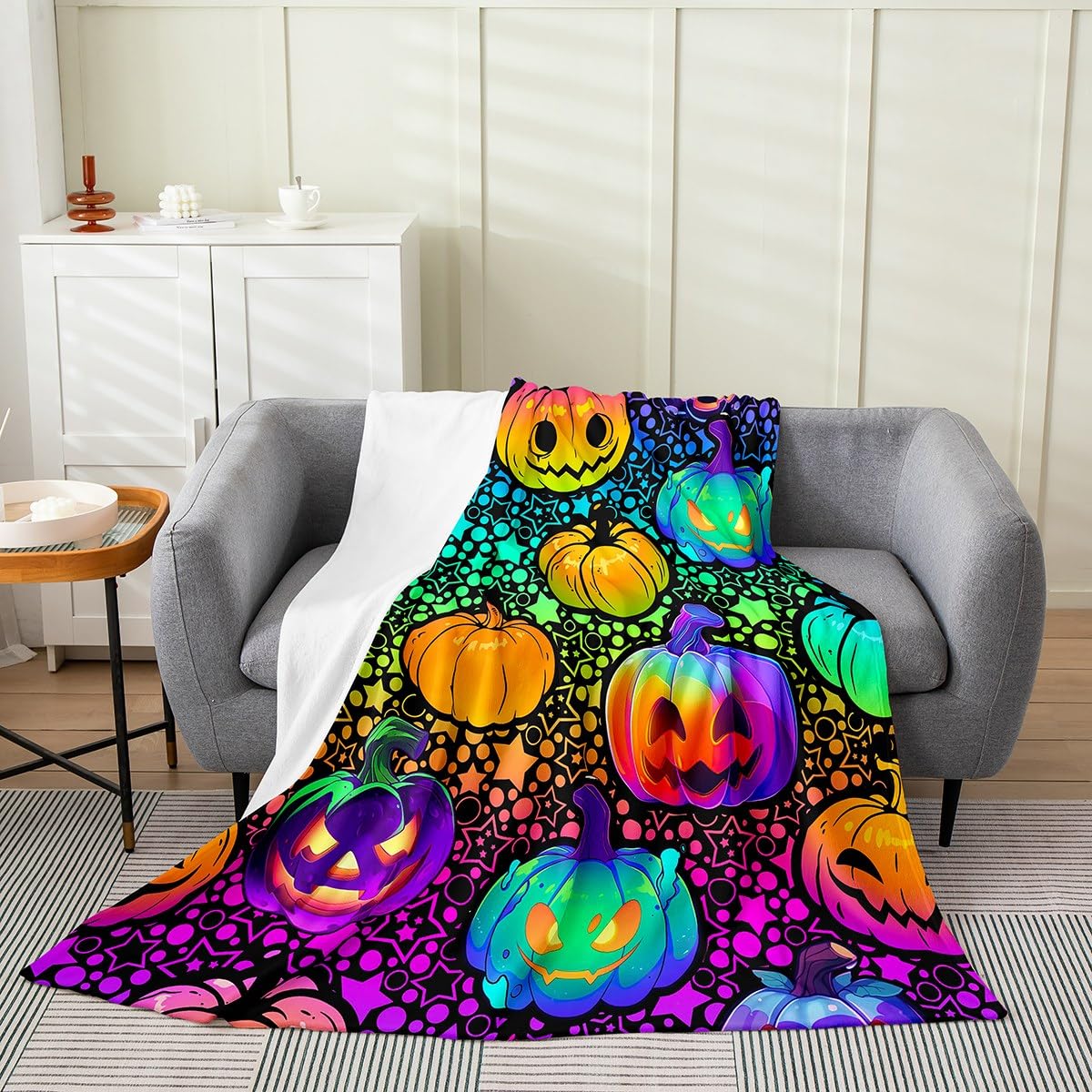 Erosebridal Halloween Fleece Blanket 40x50 inch,Gothic Pumpkin Throw Blanket for Teens Youth,Colorful Farmhouse Flannel Blanket,Happy Halloween Bed Blanket Living Room Decor