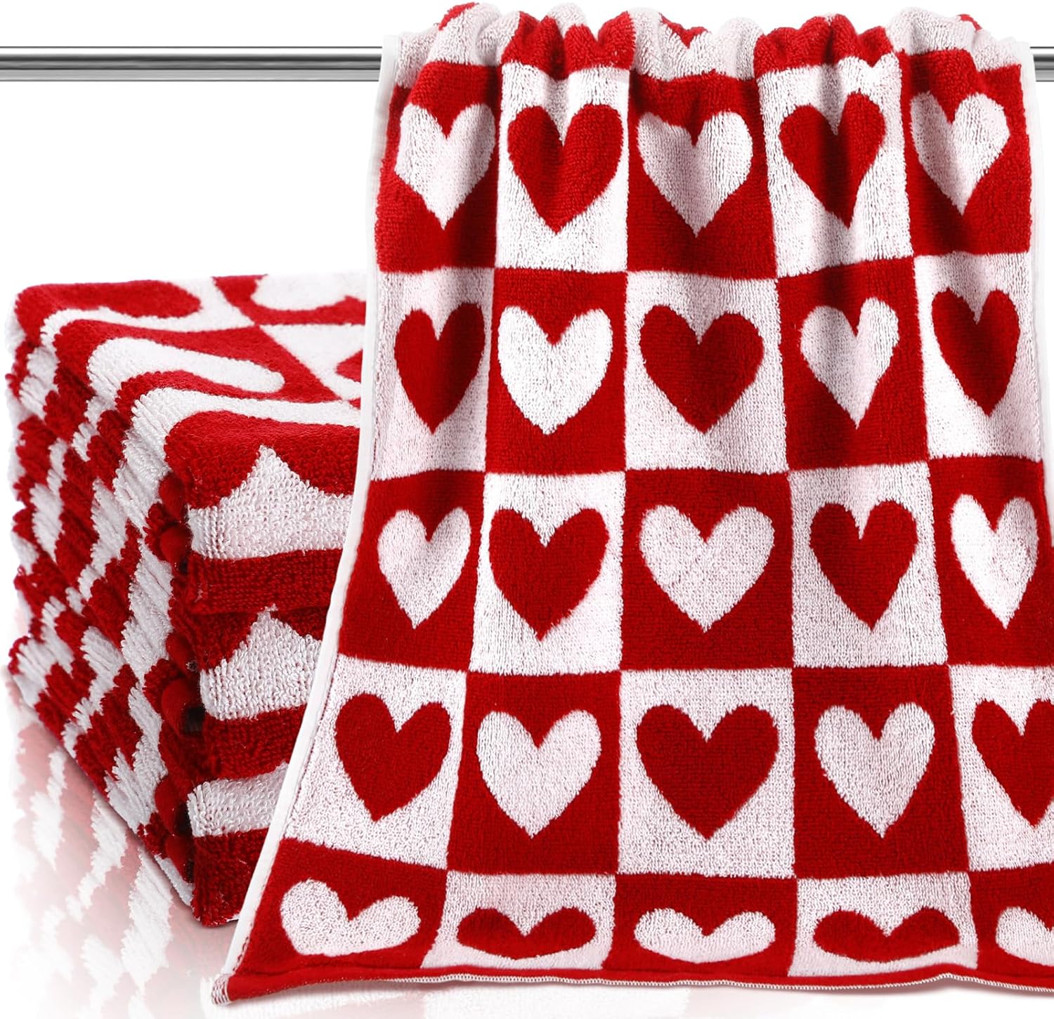 Frienda 4 Pcs Valentine's Day Hand Towels for Bathroom 13 x 29'' Soft 100% Cotton Red and White Hearts Decorative Towel Absorbent Valentine‘s Day Bathroom Decor for Drying Cleaning Cooking Gift