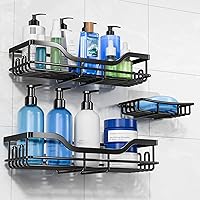 OMAIRA 3-Pack Rustproof Adhesive Shower Caddy with Soap Holder - No Drill Sturdy Organizer for Shampoo Soap on Tiles Glass Black Large