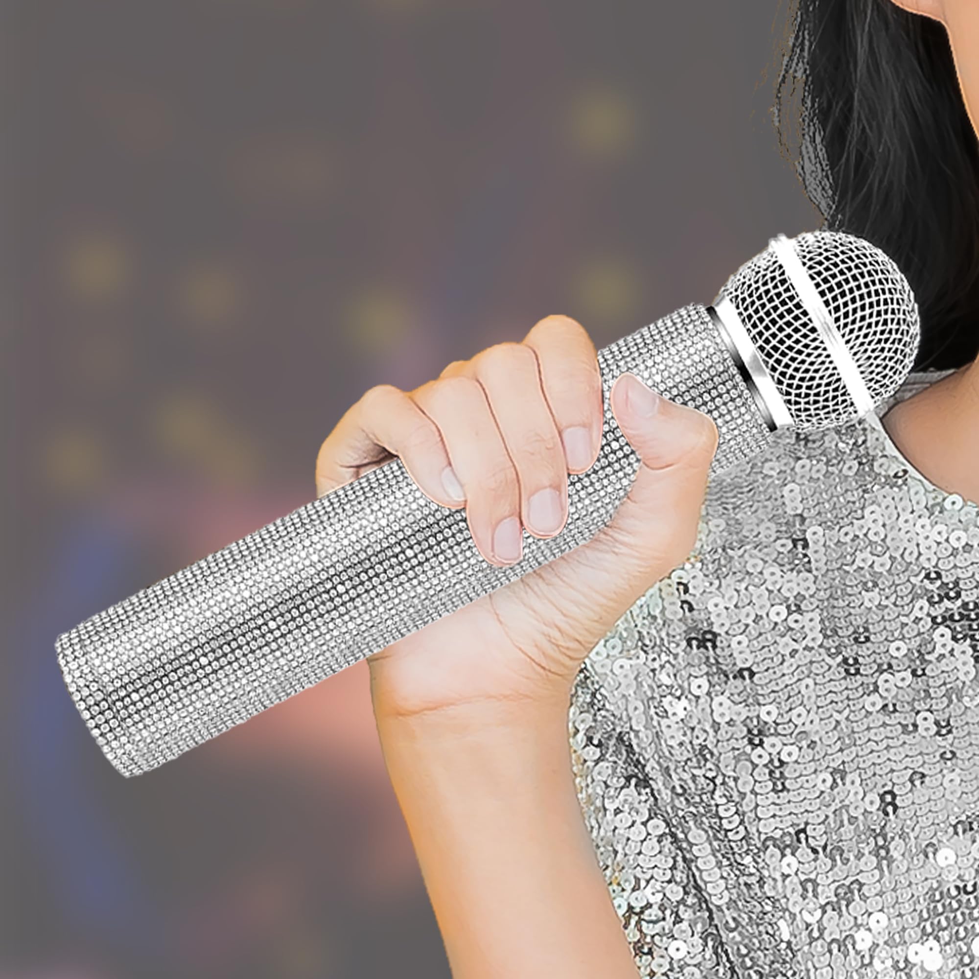 Musiin Silver Sparkling Rhinestone Handle Cover for Wireless Microphone Decoration Round Diameter 1.58 Inch Wireless Microphone - Image 4