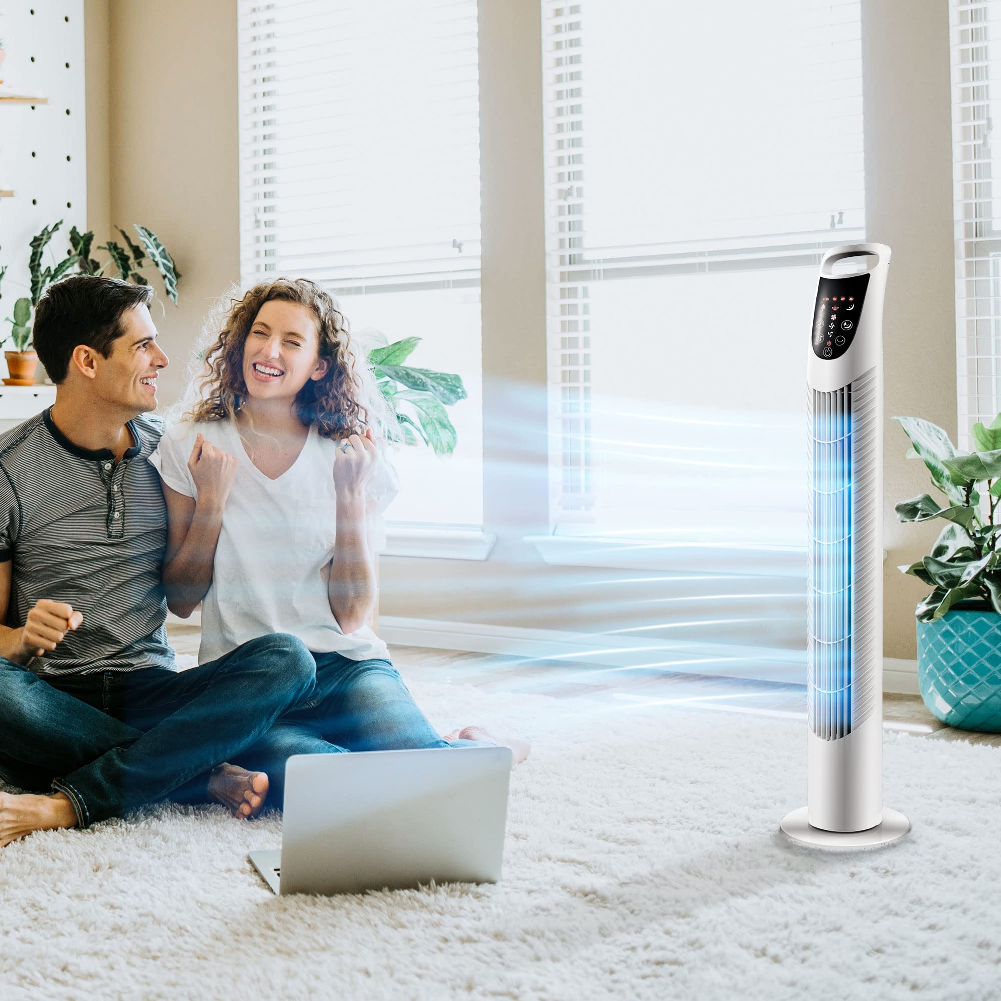 HOMCOM Ventilateur colonne silencieux 40 W, ventilateur tour pour chambre avec 3 modes 3 vitesses, télécommande, oscillant 70°, minuterie et contrôle tactile, 78,5H cm blanc