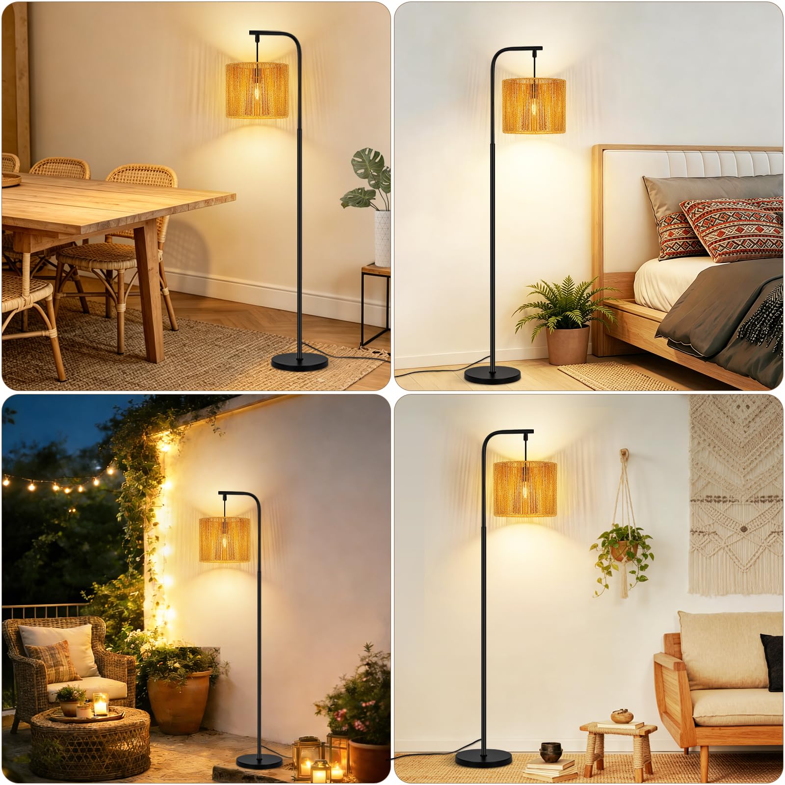 Stehlampe Rattan Boho Stehleuchte Stehlampe Wohnzimmer E27 | Standleuchte Vintage 1 Flammig 164cm Standlampe Schwarz Fußschalter Für Schlafzimmer Terrasse Büro