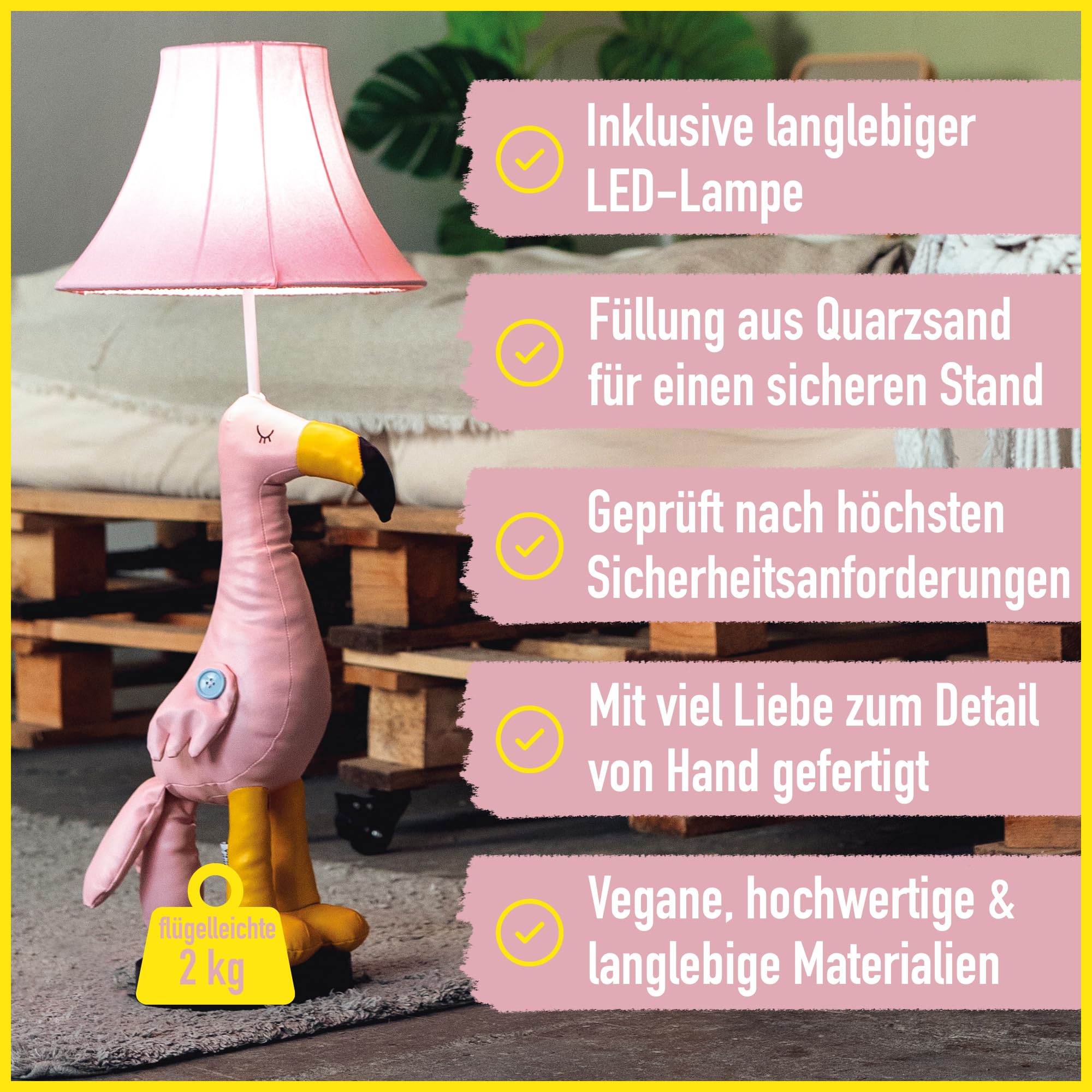 Happy Lamps for smiling eyes Mingo Flamingo LED-Tischleuchte, 77 cm hoch, Dekoleuchte, veganes Leder, Handarbeit, hochwertige Tischlampe, top Qualität