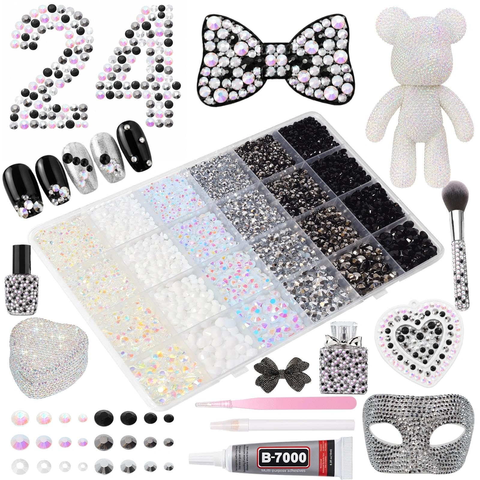 24Grid Black White Rhinestones Kit 3-6mm, Flatback Gems for Bedazzling