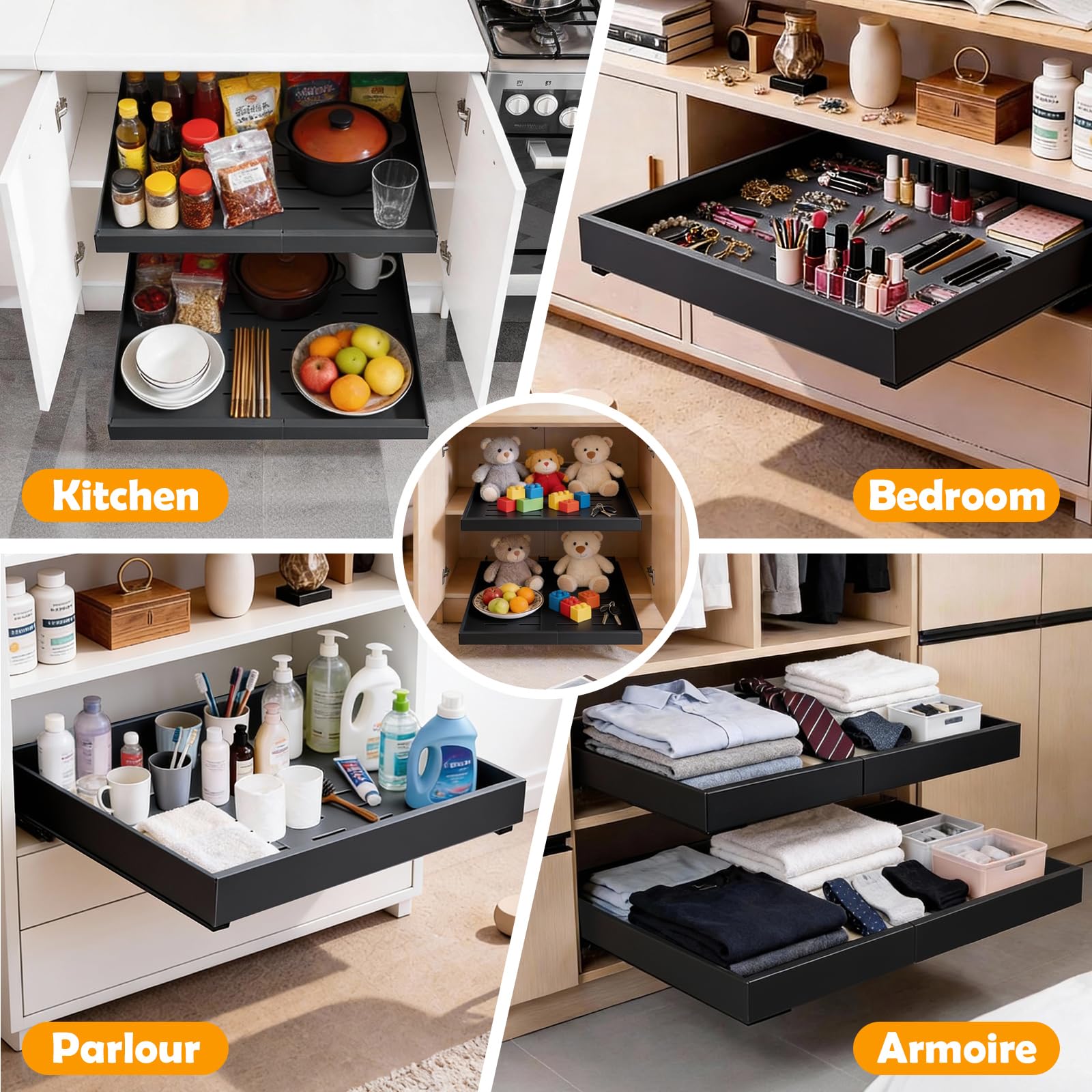 2 Pcs Cajones Extraibles para Cocina (32 CM-52 CM), No Requiere Taladrado, Fabricado en Acero al Carbono, con Guías Deslizantes Silenciosas, Adecuado para Encimeras y Armarios de Cocina