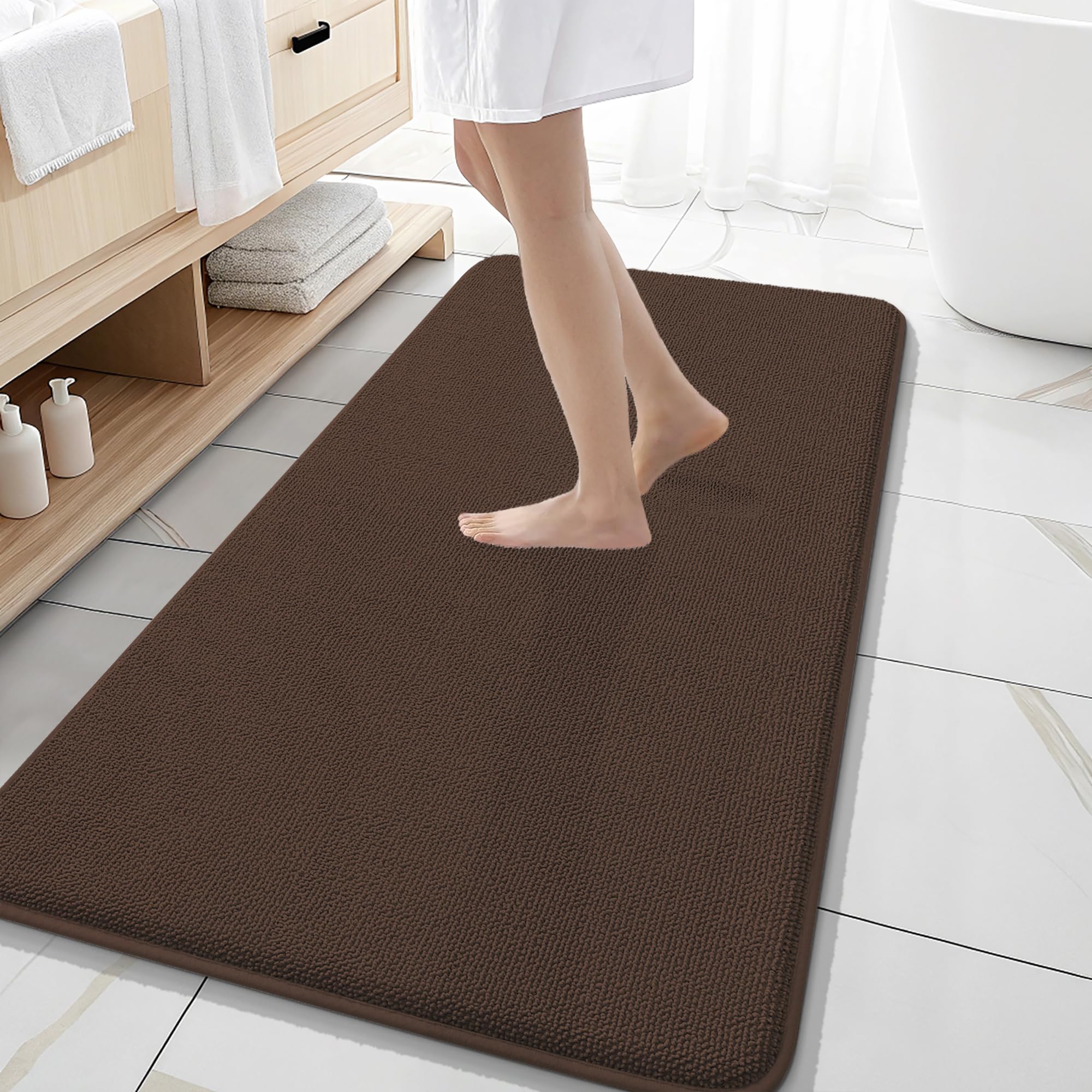 OLANLY Memory Foam Bathroom Runner Rugs 47x20, Absorbent Long Mat, Brown
