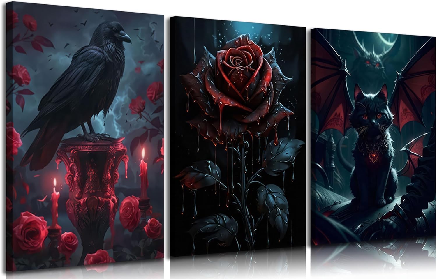 3pcs Vintage Gothic Canvas Wall Art Dark Academia Pictures Wall Decor Spooky Dark Rose Posters Prints Paintings for Bedroom Living Room Artwork Home Decoration Prepare To Hang Gothic 24"L x 16"W-Canvas