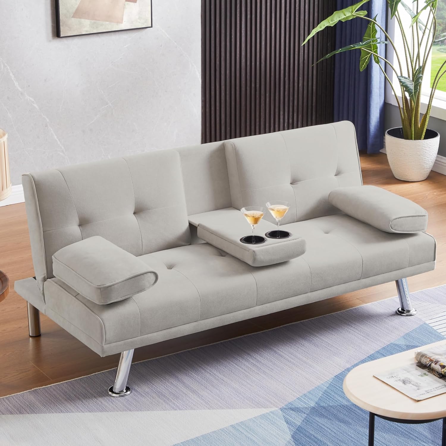 Folding Sofa Bed,Velvet Futon Sofa Couch for Living Room,Convertible Recliner Sleeper Sofa Bed,Adjustable Loveseat w/Removable Armrests,2 Cupholders,Beige