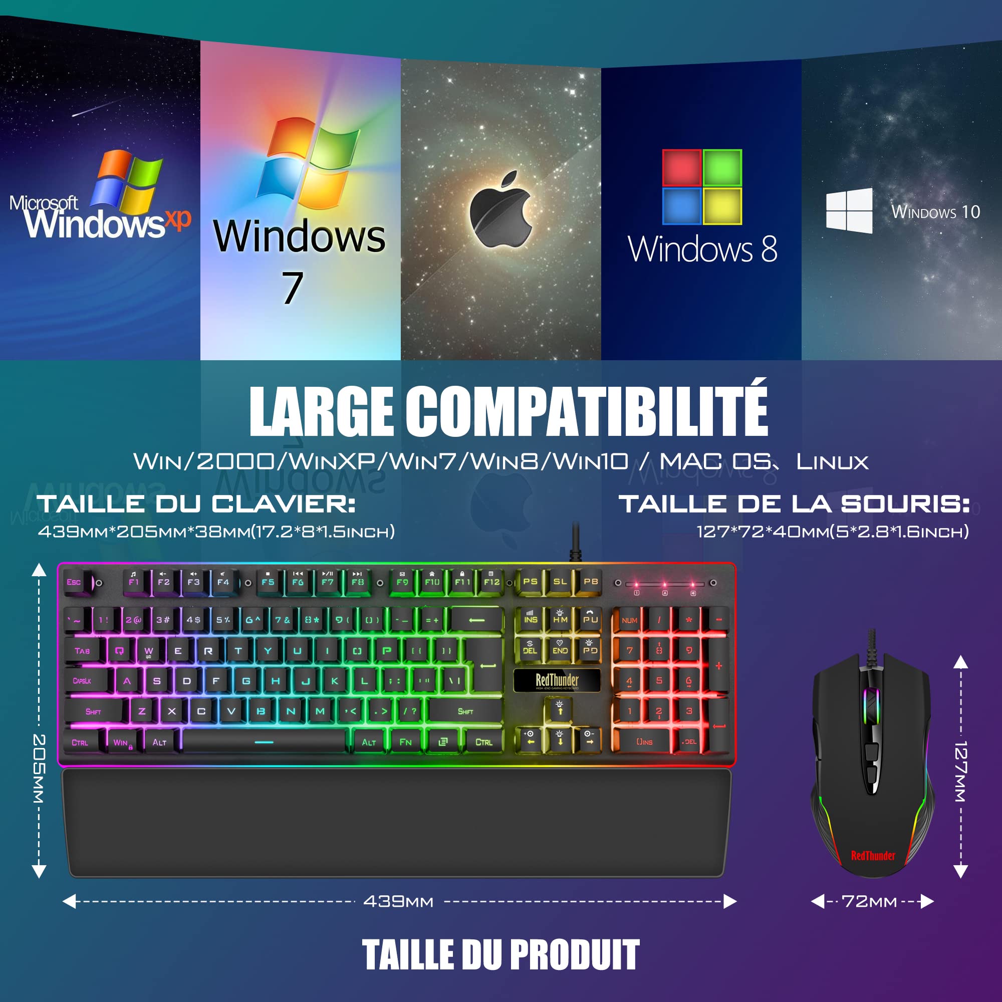 RedThunder K10 Ensemble Gaming Clavier et Souris Gamer Usb, AZERTY FRANÇAIS + Repose-Poignets, Clavier Anti-Ghosting Rétroéclairé RVB et 7200 DPI avec Souris Ergonomique pour Les Joueurs (Noir)
