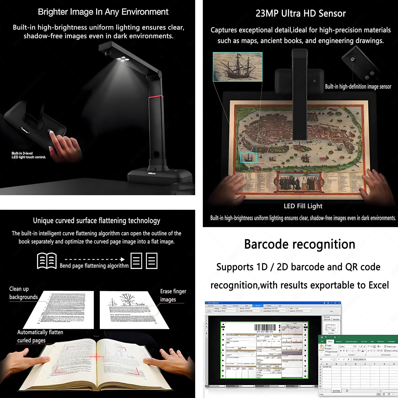 Escaner Documentos,Escanear Dibujos A2/A3/A4,Mapas,Libros,Revistas,Contratos,Aplanado de Superficies Curvas,Reconocimiento IA,23MP,Scanner Fotografico con Luz LED Complementaria