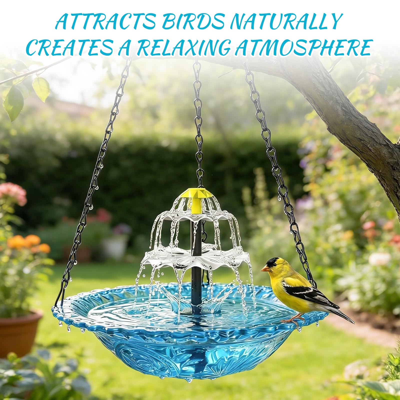 Bain d'oiseaux solaire avec fontaine, fontaine à oiseaux, pour jardin, balcon, bain d'oiseaux, suspendu avec chaînes en métal, jeu d'eau d'extérieur pour oiseaux (bleu)