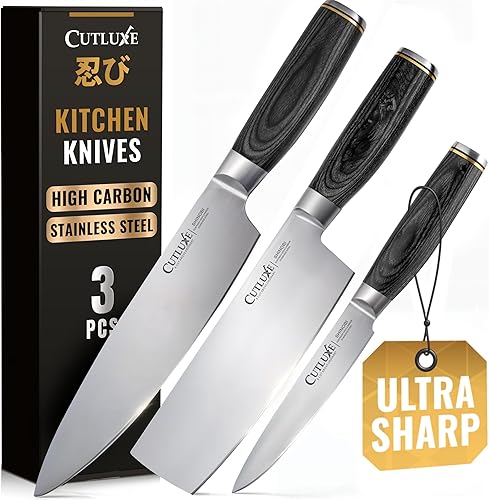 Cutluxe Juego de cuchillos de chef de 3 piezas  Cuchillos de cocina japoneses ultra afilados, cuchillas de acero inoxidable de alto carbono, asas de