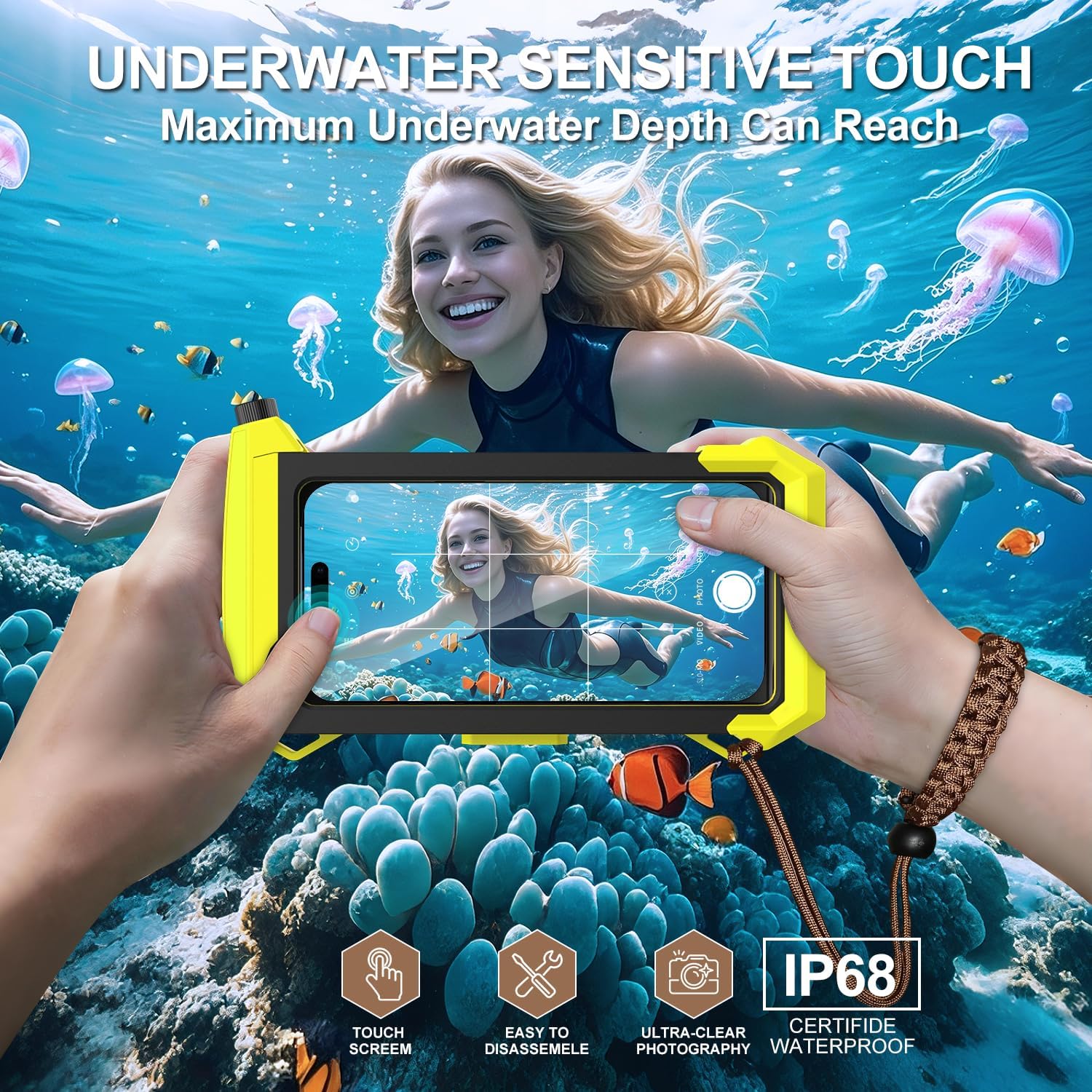 Mangix Underwater Touch Screen Compatiable Phone Case,Universal Snorkeling Diving Photo Video Diving Housing for iPhone 17/16/15 Pro Max,Galaxy S25/24 Ultra (Yellow) - Image 2