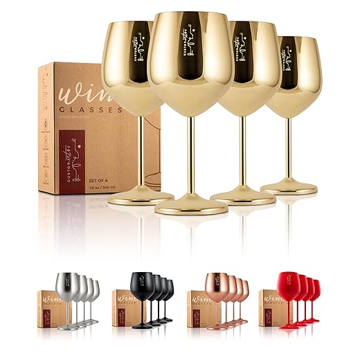 Gusto Nostro Stainless Steel Wine Glass - 18 oz Unbreakable Gold Wine Glasses for Travel, Camping and Pool - Fancy, Unique and Cute Portable Metal Wine Glass for Outdoor Events, Picnics (Set of 4)
