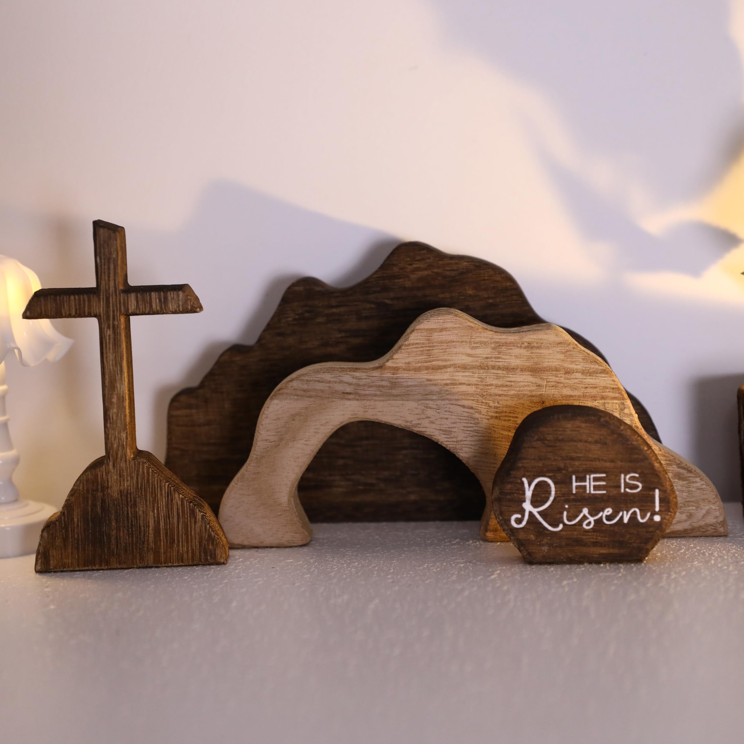 Photo 1 of **MISSING PARTS**
Empty Tomb Easter Scene and Cross Decorations, Wooden He Is Risen Easter Resurrection Nativity Scene Cross Jesus Tiered Tray for Christian Religious Home Table Mantel Shelf Office Farmhouse