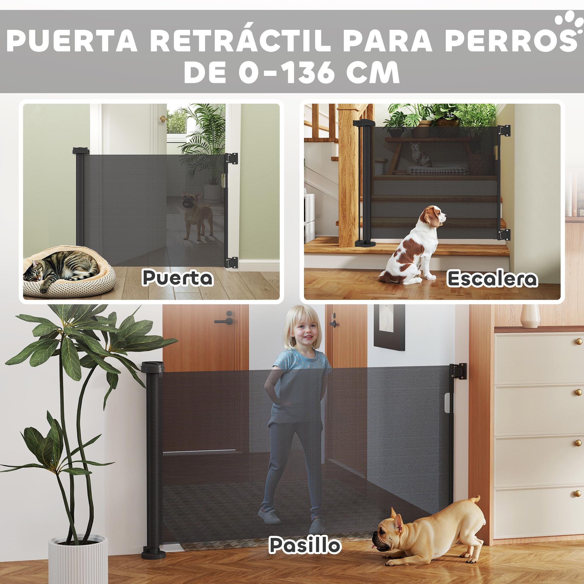 PawHut Barrera de Seguridad para Perros Retráctil 0-136 cm Puerta para Perros Pequeños Extensible con Interruptor de Cierre Red de Seguridad para Pasillos Escaleras Interiores y Exteriores Negro