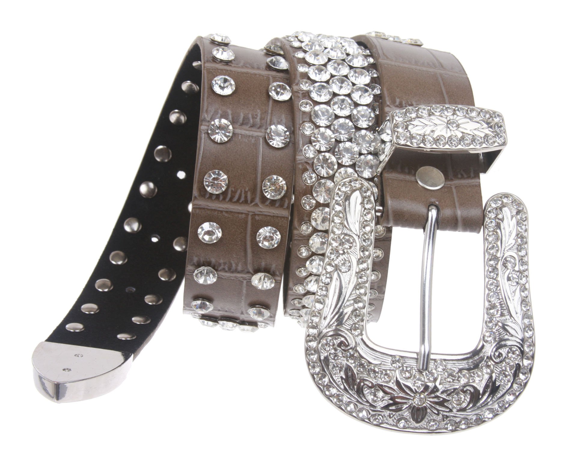 Snap On Western Faux Crocodile Print Rhinestone Leather Belt, Grey | S - 30