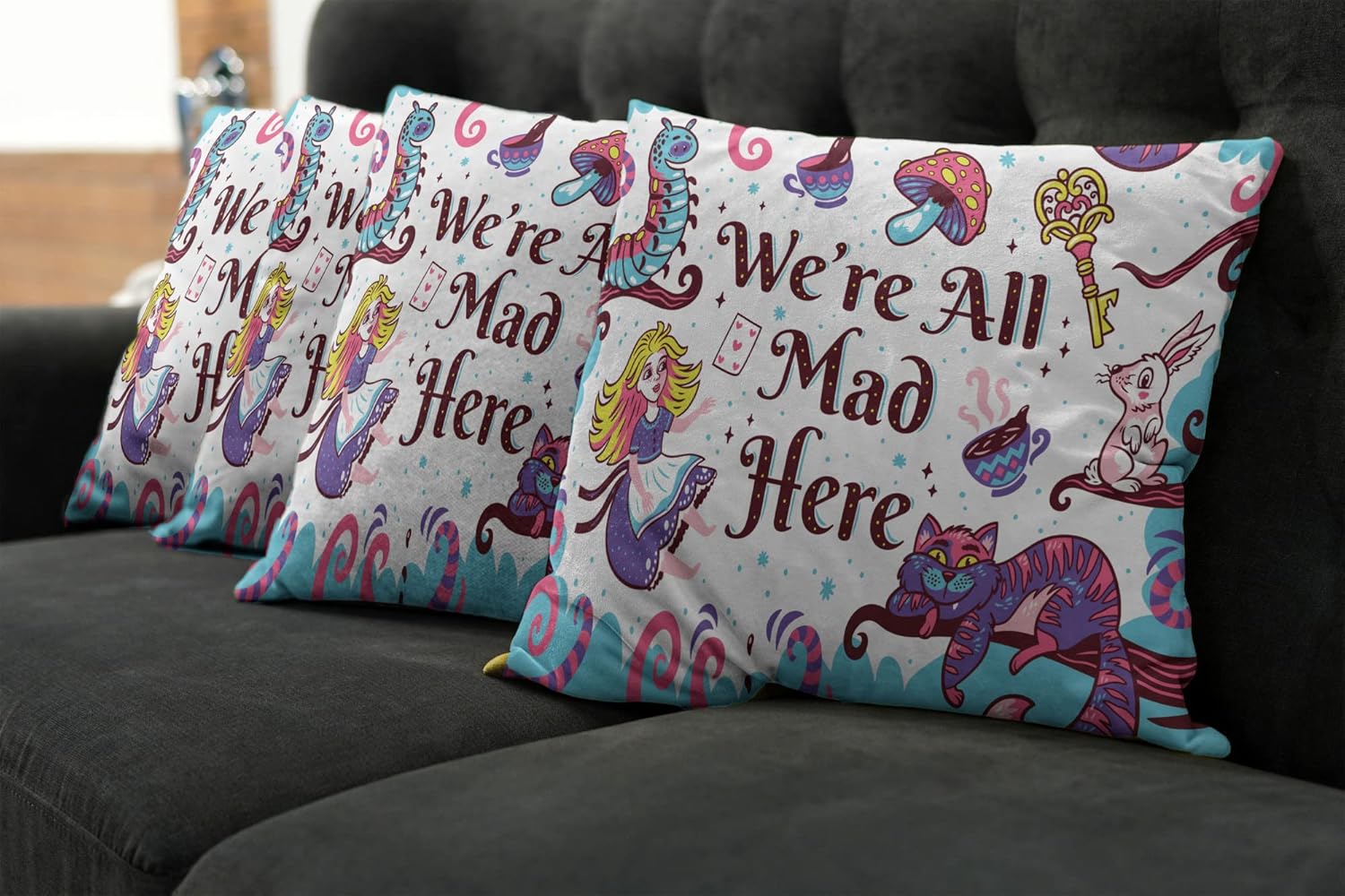 Ambesonne Alice in Wonderland Decorative Throw Pillow Case Pack of 4, We are All Mad Here Words with Caterpillar White Rabbit Cheshire Cat, Cushion Cover for Couch Living Room Car, 16", Purple Blue