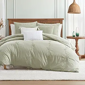 Peri Home Bow Bedding Duvet Cover Cottage Core Vintage Country 100% Cotton 3-Piece Set, Full/Queen, Green Sasha Bows