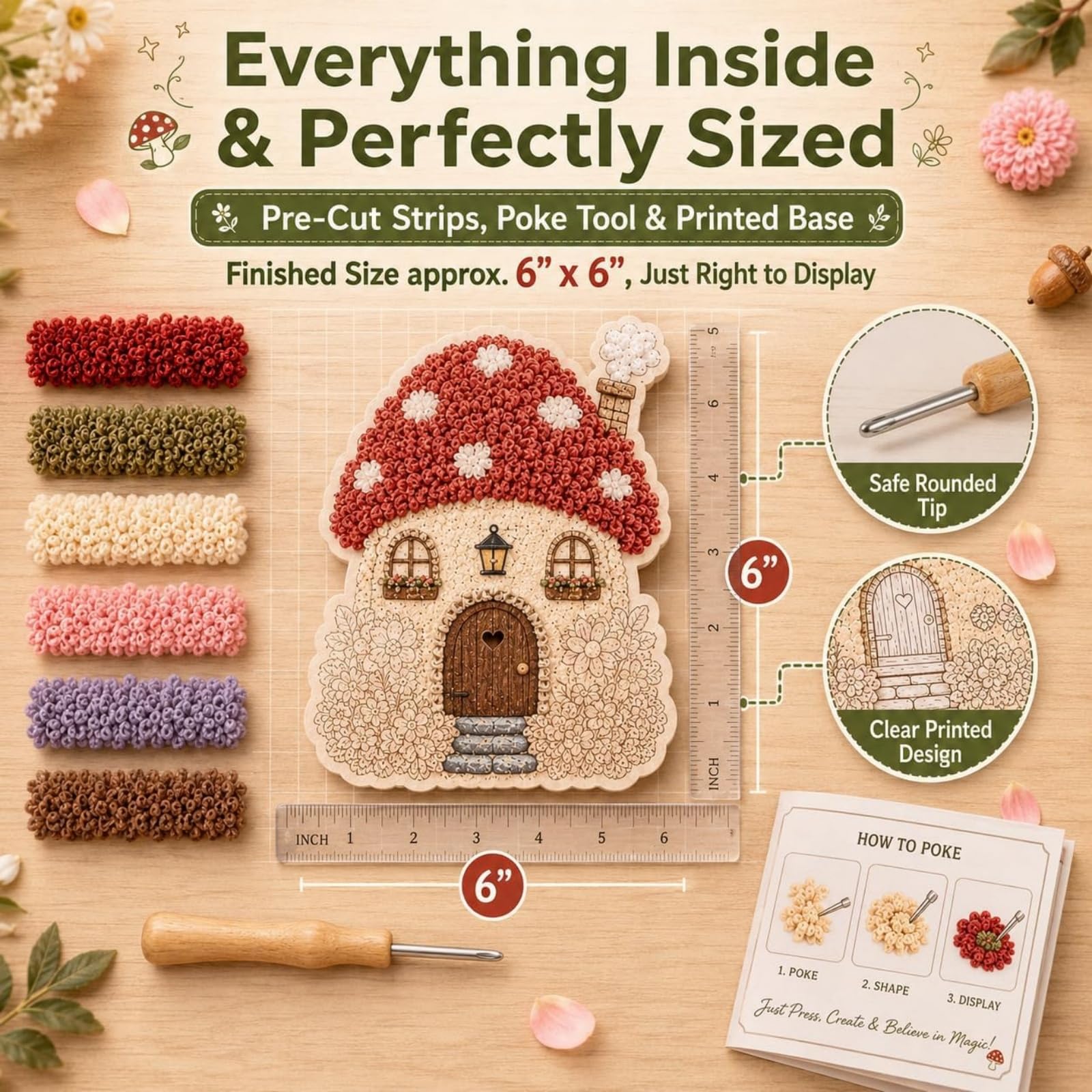 Kit per ricamo 3D Villaggio Incantato - Casetta con Funghi e Fiori (6Pcs) | Kit per ricamo fai da te con ago da punzonatura per adulti, grazioso kit decorativo, accogliente regalo in stiles