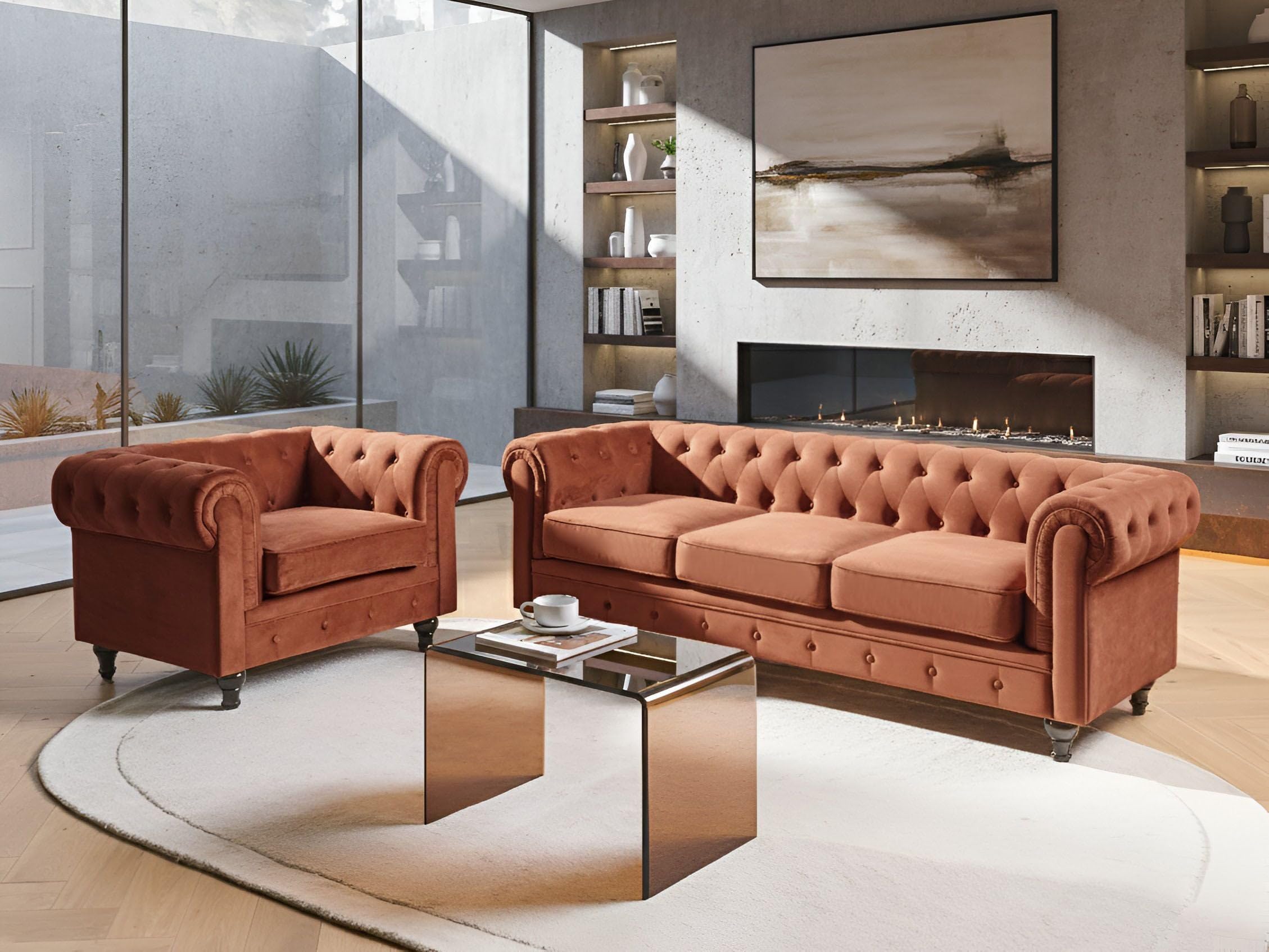 Klasyczny zestaw wypoczynkowy sofa fotel pikowany welur złoty brąz Chesterfield