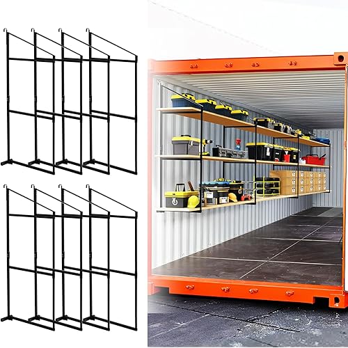 8 Pack Shipping Container Shelves Shelving Brackets, 3 Tiers Shipping Container Shelves-Bracket Rack With 1100 lbs Capacity - D-Ring Mount for Cargo Shelves Rack, Black