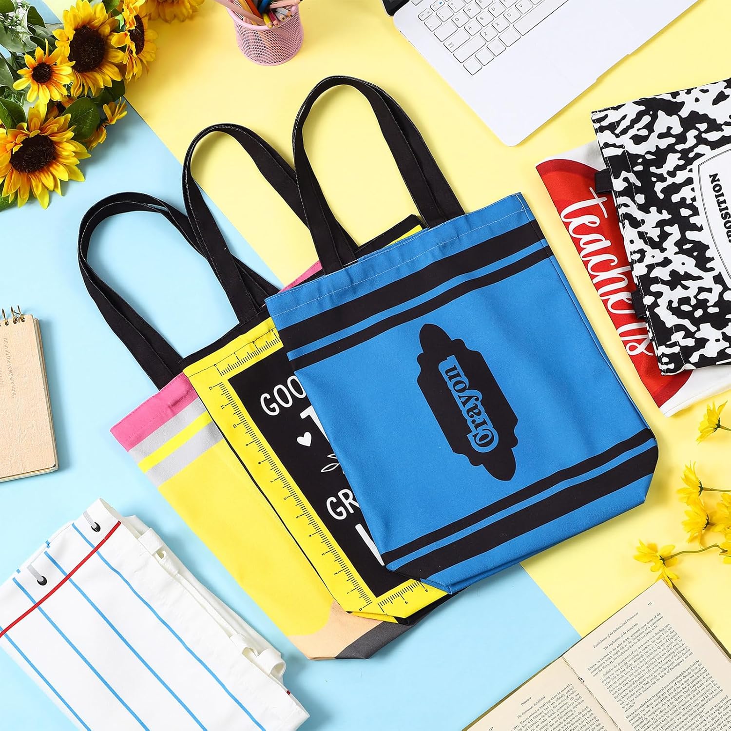 Paterr Valentines Teacher Appreciation Gifts Bulk for Women Canvas Tote Bag Thank Your Gift Pencil Crayon Marble Notebook Bag - Image 3