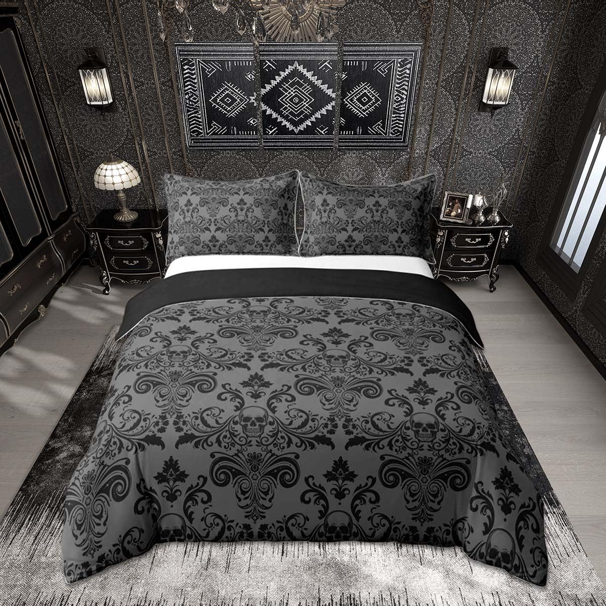 Homemissing Black Bohemian Damask Duvet Cover Set Single Size For Kids Boys Girls Gothic Bone Sugar Skull Bedding Set Antique Victorian Baroque Duvet Cover with 1 Pillowcase Vintage Floral Bedding โ image 1