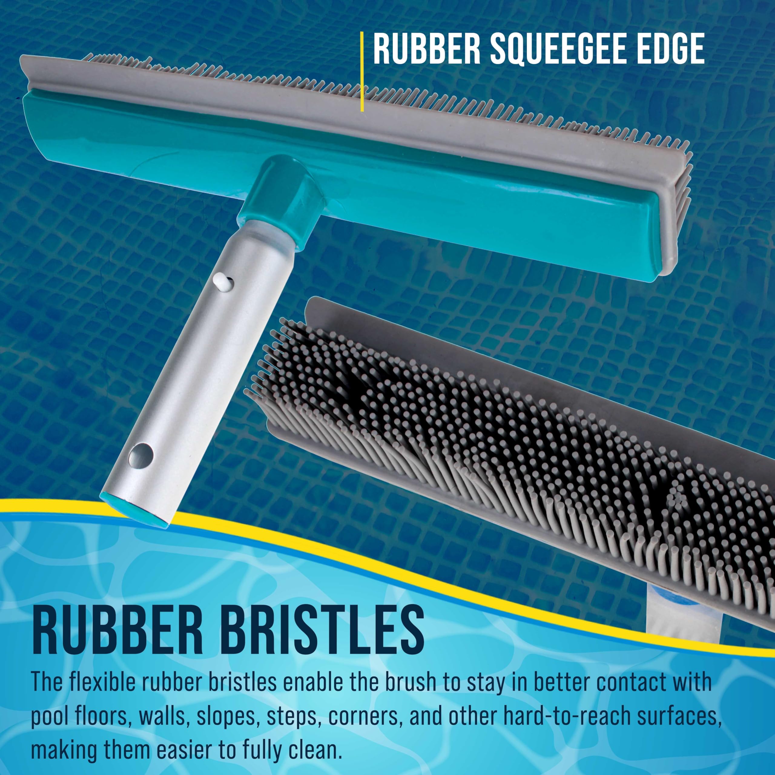 U.S. Pool Supply Cepillo de piscina de 13 pulgadas con cerdas de goma y borde de escobilla de goma, seguro para revestimientos de vinilo, ideal para piscinas sobre el suelo, mango de poste de aluminio