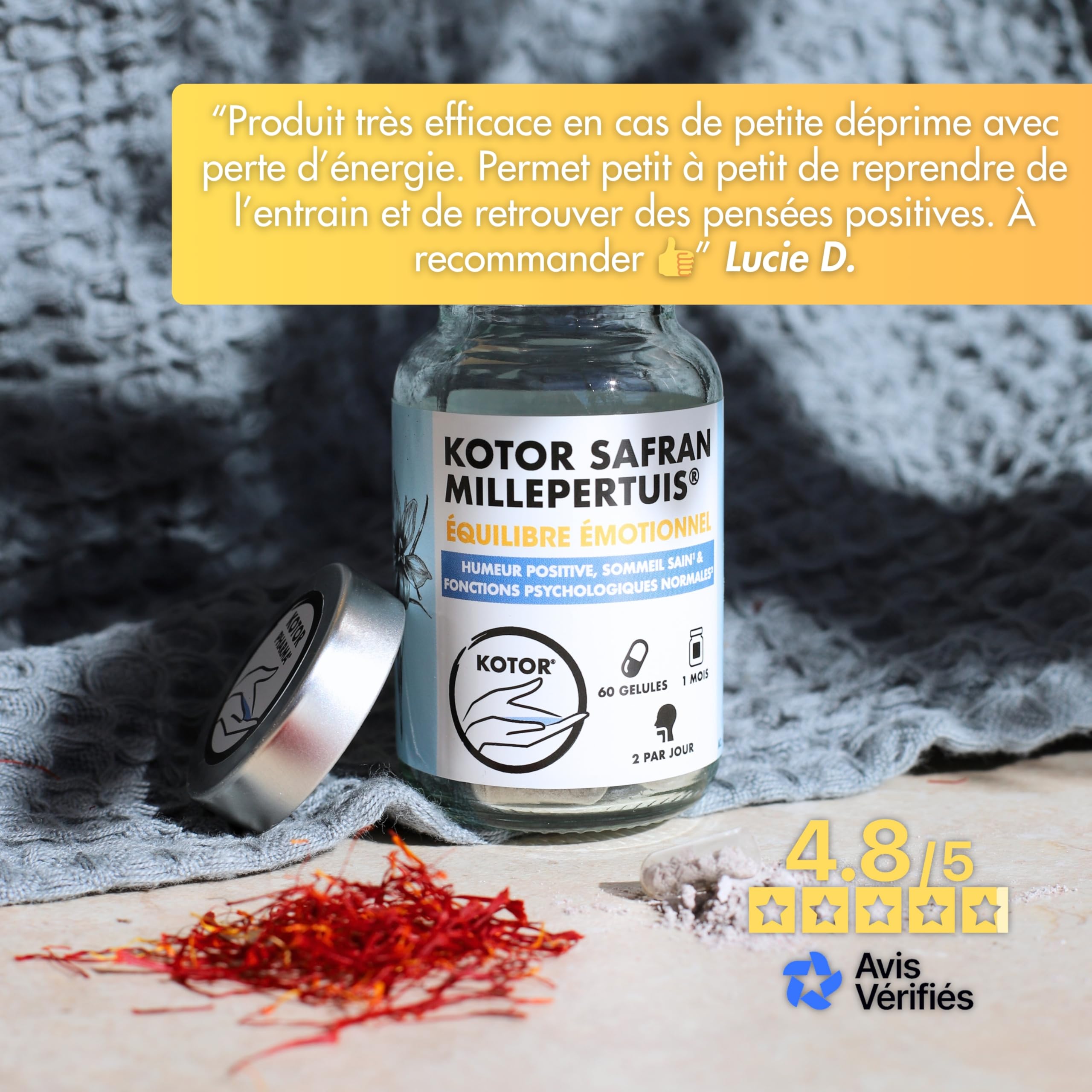 KOTOR SAFRAN MILLEPERTUIS | Anti Déprime, Baisse de Moral, Trouble de l’Humeur | Millepertuis + Safran + Magnésium Marin + Vitamine B12 & B9 | 60 Gélules | 1 Mois | Produit en France