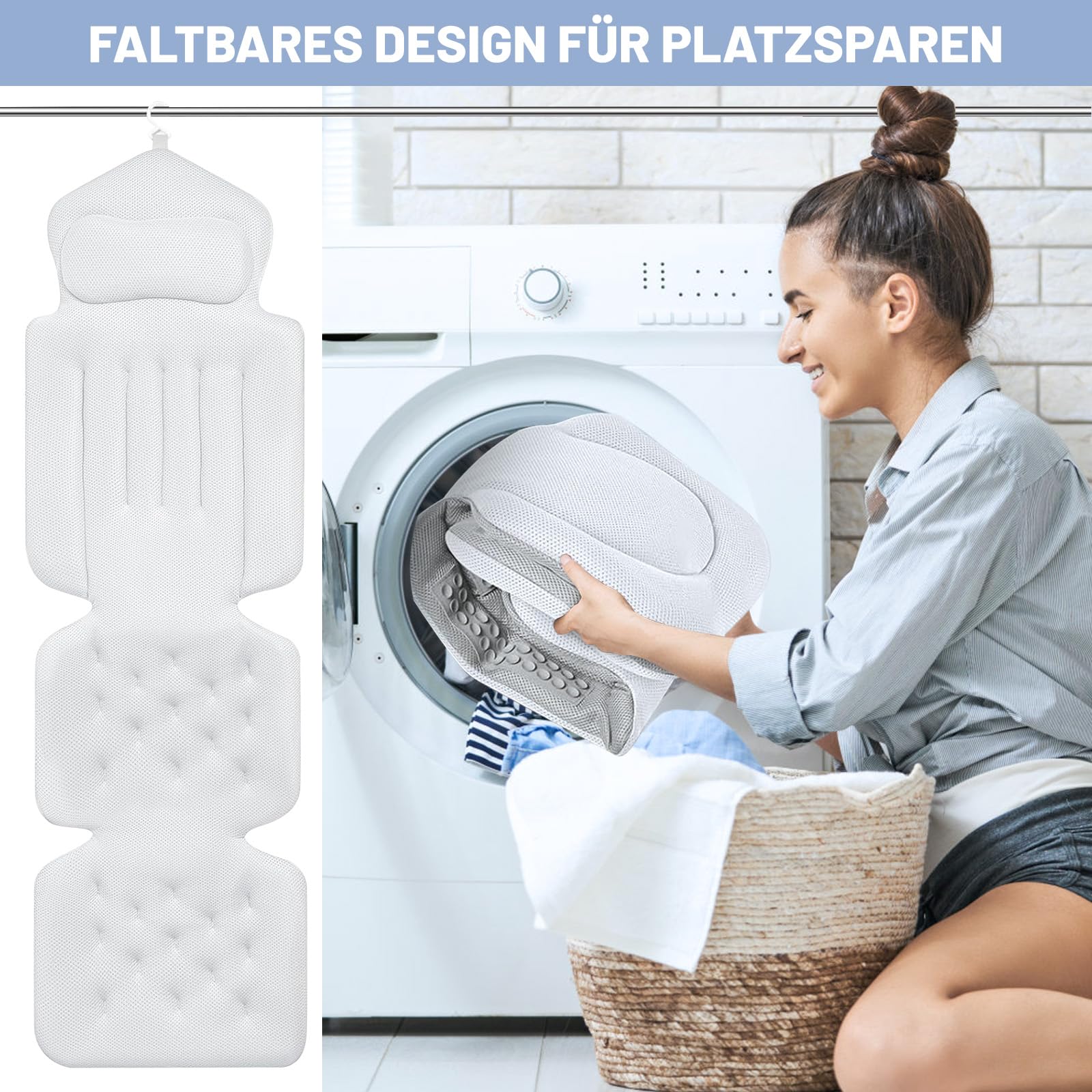 Coussin de bain pour tout le corps, 134 x 41 cm, avec appui-tête et soutien lombaire, séchage rapide, doux pour la peau, avec crochet de suspension et gants de bain, pour immersion dans la