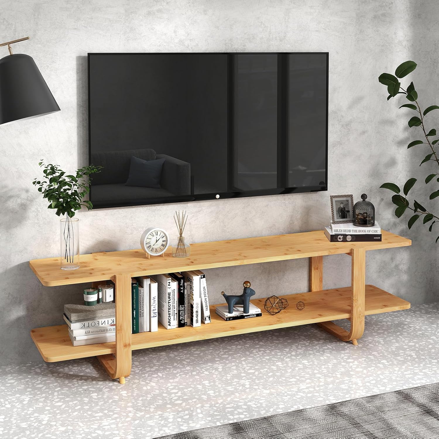 Supporto TV In Bambù Per TV Fino A 65 Pollici - Mobile Console 2 Ripiani, Colore Noce, Ecologico, 139,7 Cm