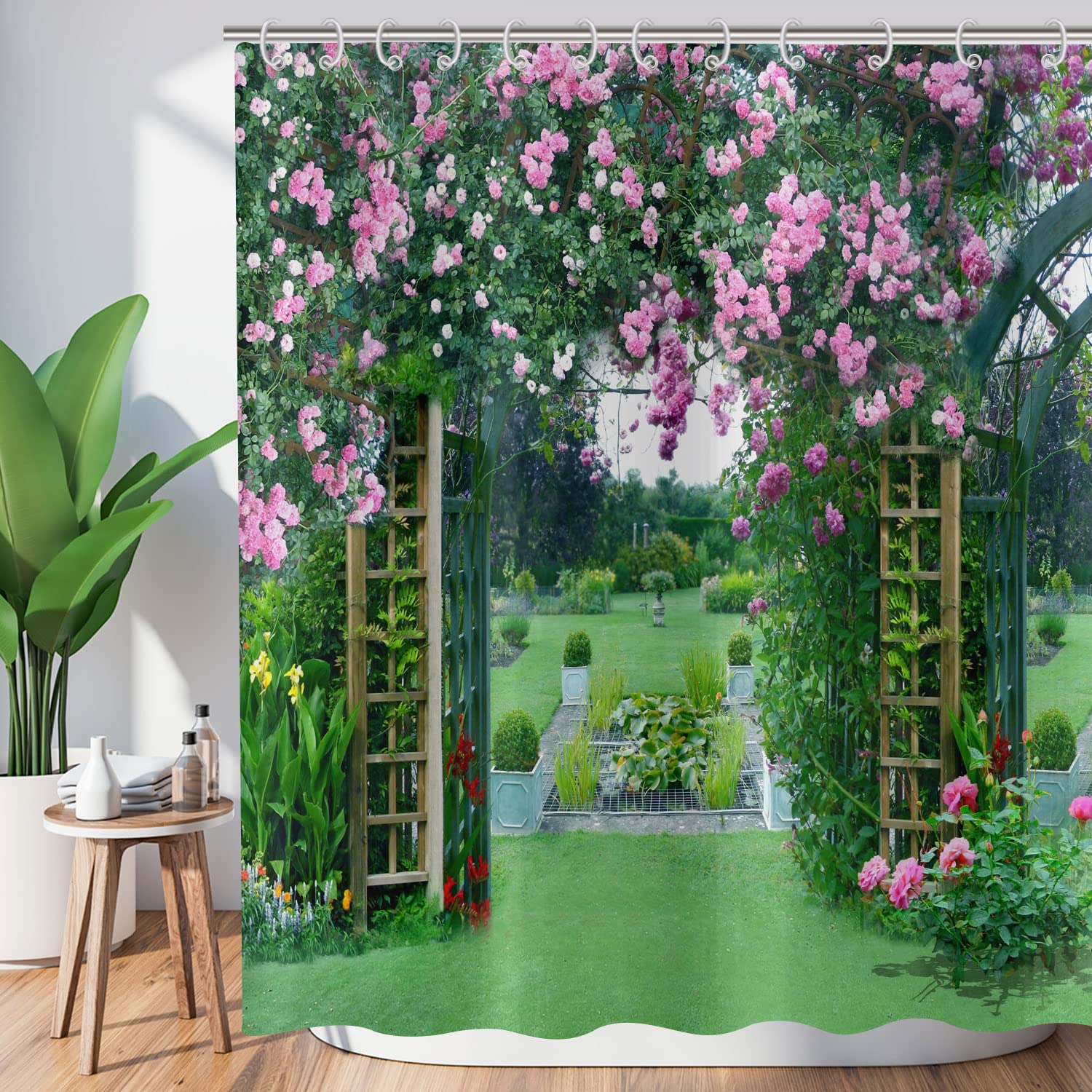Hnmdmyi Garden Shower Curtain 120x180, 3D Floral Shower Curtains Green Leaf Pink Flower Italian Outdoor Garden Scenery Natural Bathroom Curtains Waterproof Fabric Washable Bath Curtains with Hooks