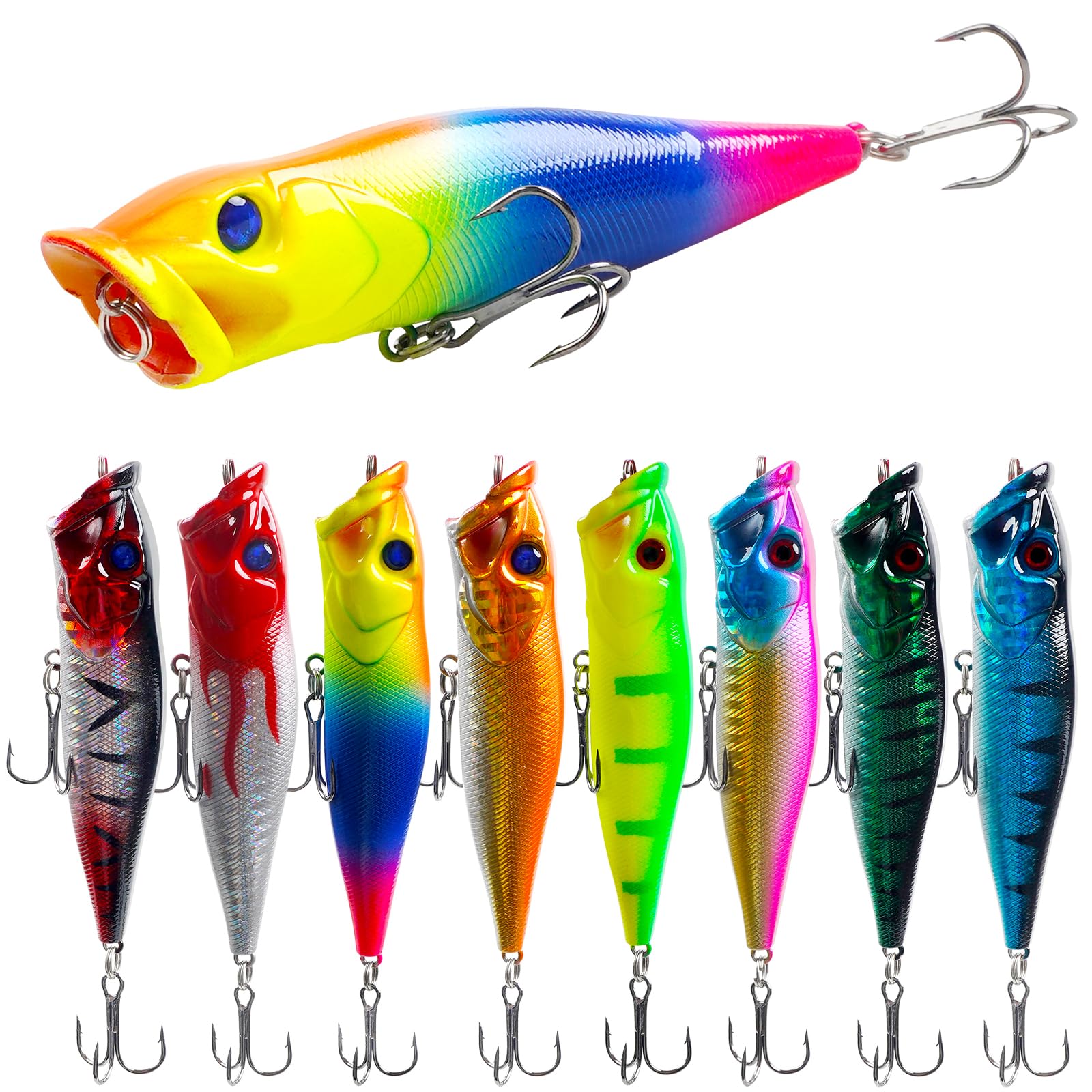 Fishing Popper Lures Kit, 8pcs Floating Topwater Fishing Lure Swimbait Bass Lures Artificial Hard Baits for Pike Bass Trout Salmon