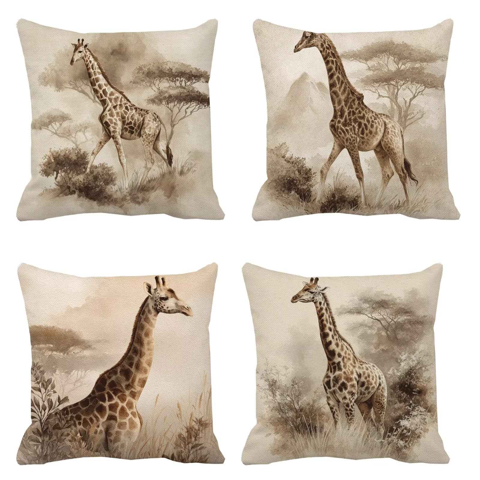 Housse coussin 65x65 girafe en velours : lot de 4 taies carrées