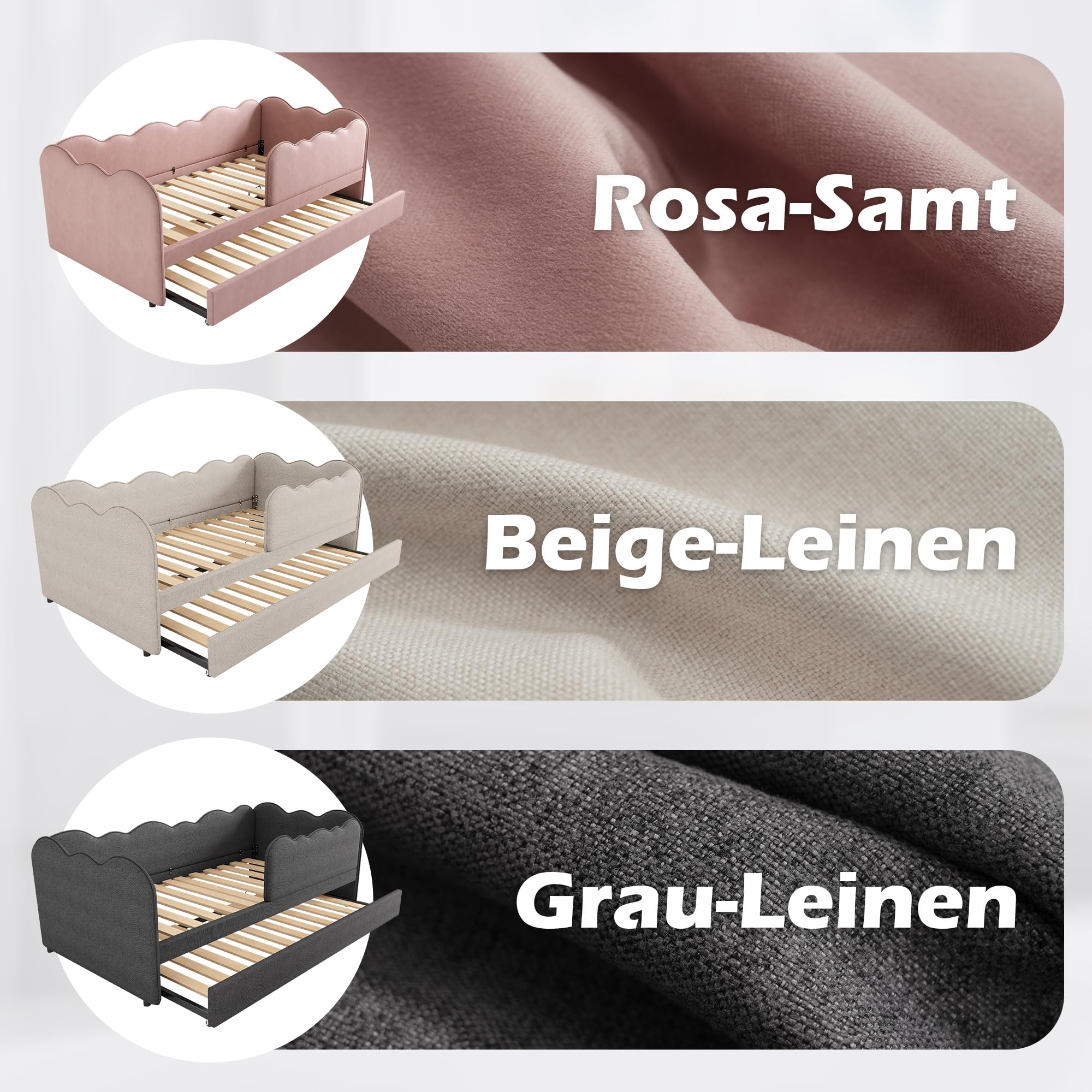 Kebnor Polsterbett Daybett 90x190cm,Tagesbett Schlafsofa mit Ausziehbett 90x190cm, Kinderbett mit Lattenrost, ohne Matratze (Leinen, Beige)