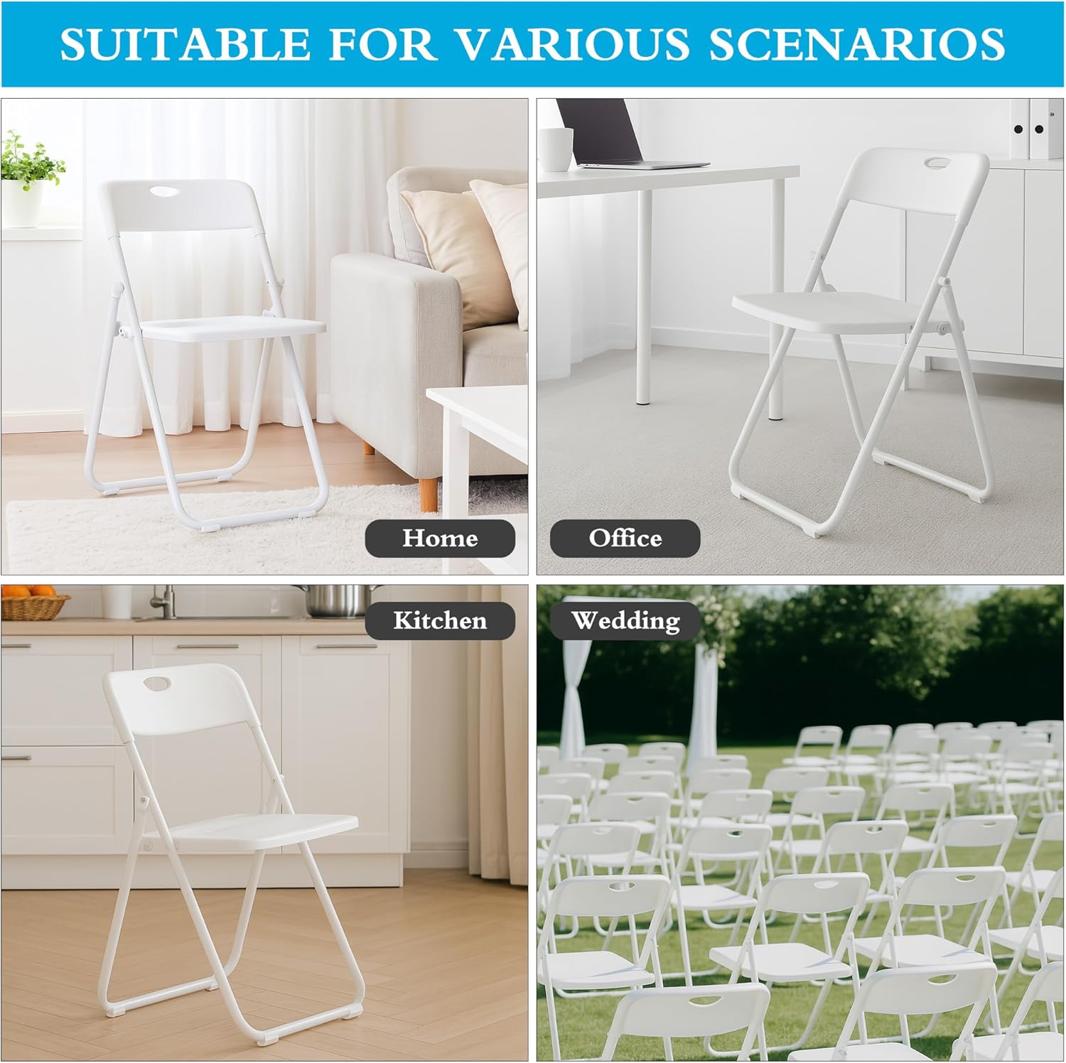 White Plastic Folding Chairs 10 Pack, Lightweight Foldable Chair with 350lbs Capacity, Metal Frame Easy to Fold & Store, Commercial Chairs for Parties Office Wedding Dinning Events
