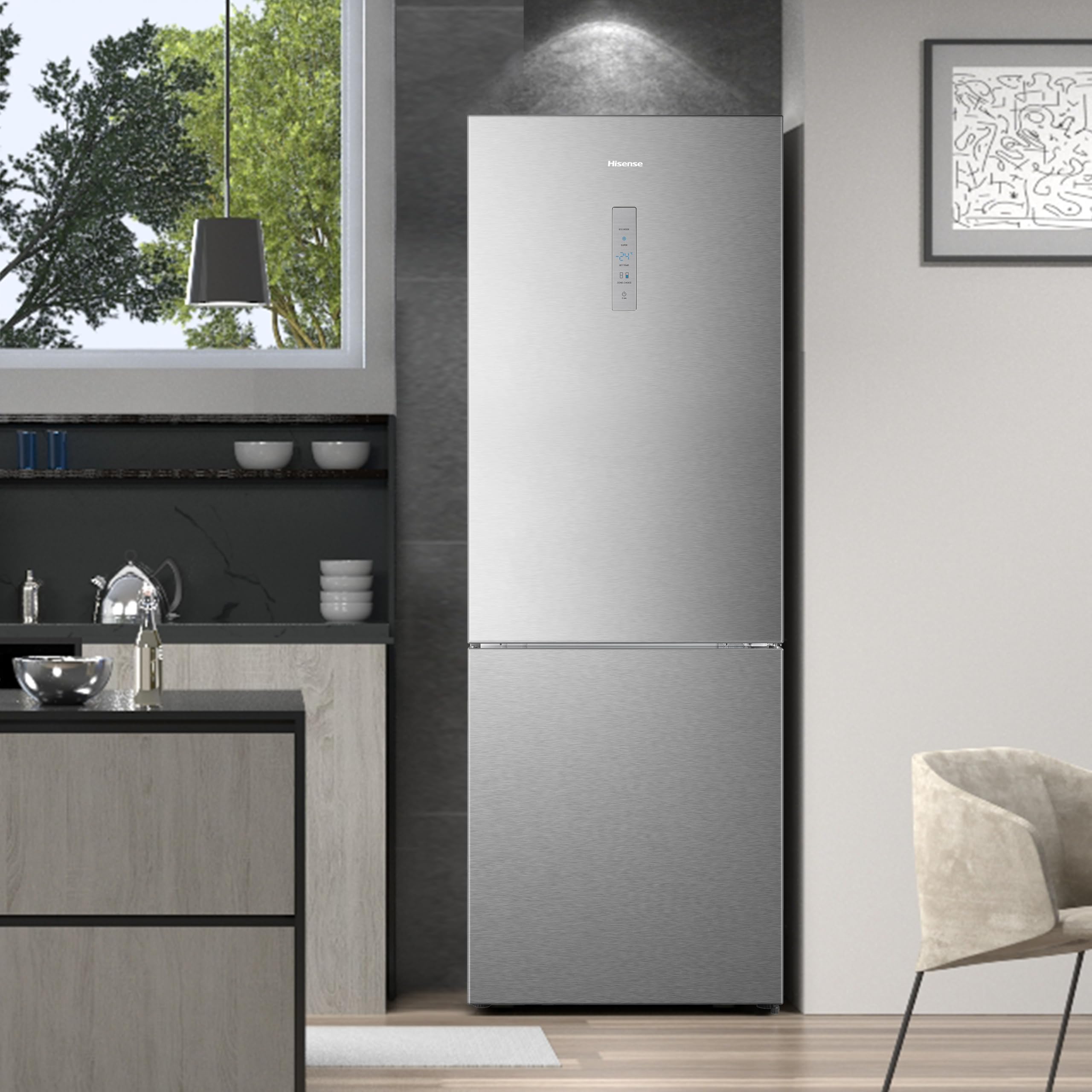 Hisense RB645N4BID Frigorífico Combi Inverter, Ancho especial 70Cm, Botellero, No Frost, 2 Metros,495Litros, Sistema de flujo de aire, Acabado Inox