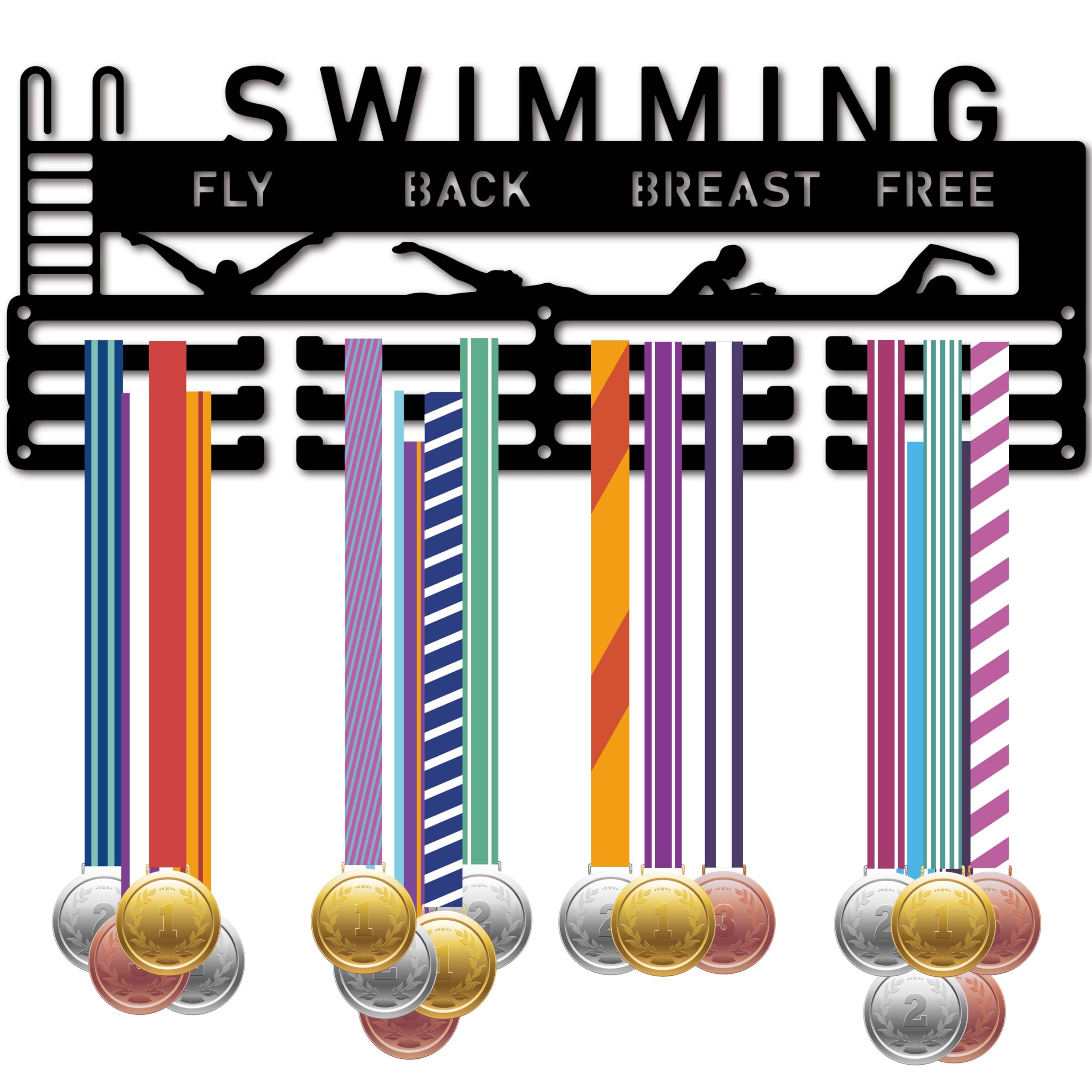 CREATCABIN Colgador para Medallas Natación, Organizador Medallas Hierro Y Metal Negro, Marco para Colgar sobre 60 Medalla, 40x15cm