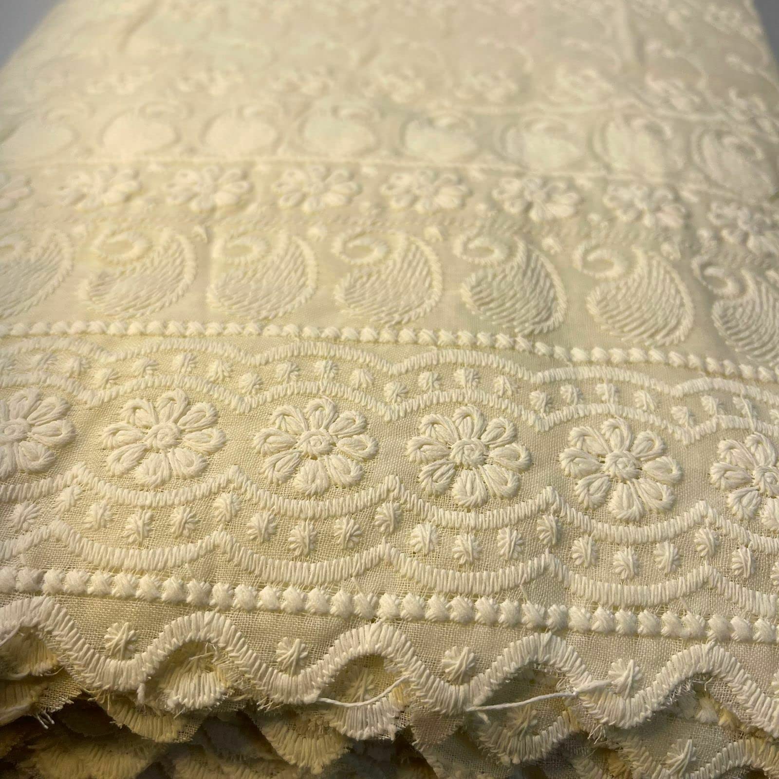 Schiffly 100% Cotton Lawn Broderie Anglaise Embroidery Dress Craft Fabric 44" (5 Meter, Cream) - Image 3