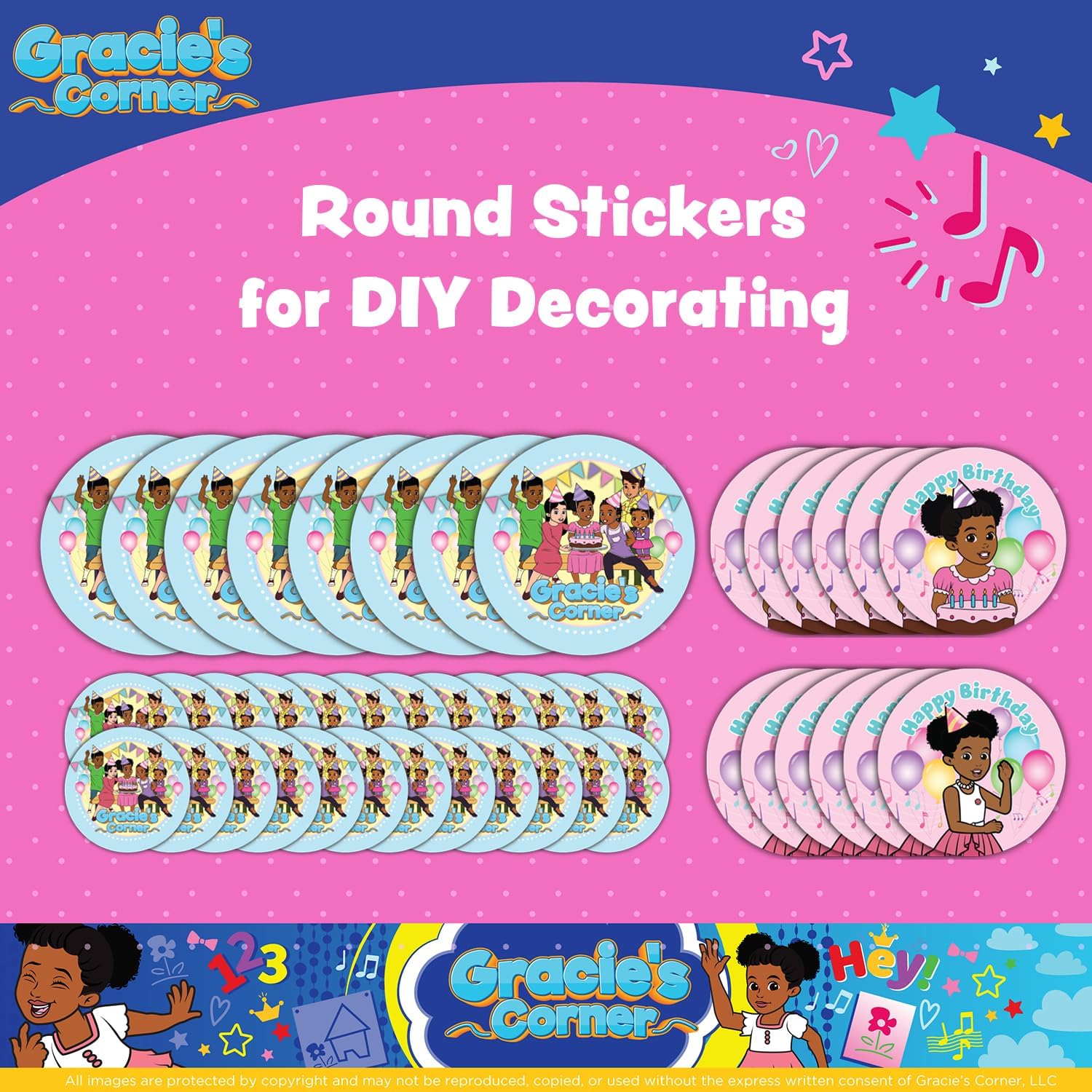 Gracie’s Corner Birthday Party Circle Stickers, Custom DIY Stickers, Birthday Party Decorations for Kids, Personalized Gift Tags Happy Birthday Stickers (44 Count) (Pink-Multicolor)