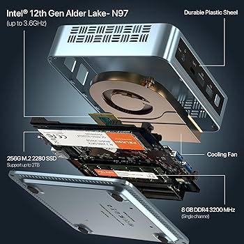 PELADN Mini PC, N97 (até 3,4 GHz), 8GB DDR4/256GB SSD, Tipo