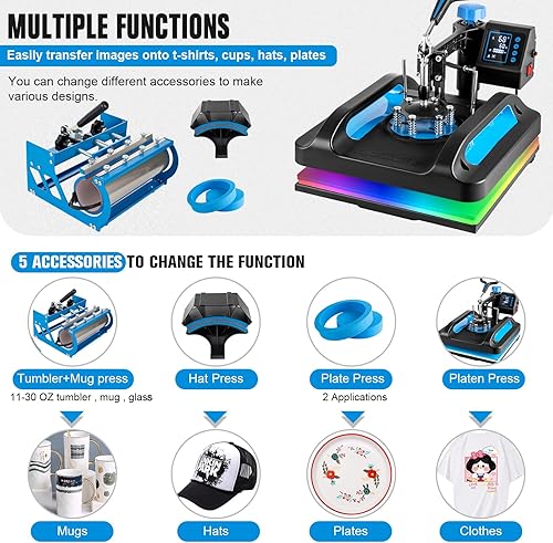 Miniatura 3 de Prensa de calor profesional de 15 x 15 pulgadas, máquina de prensa de calor 5 en 1 con prensa de vasos de 30 onzas, máquina de prensado de camisetas