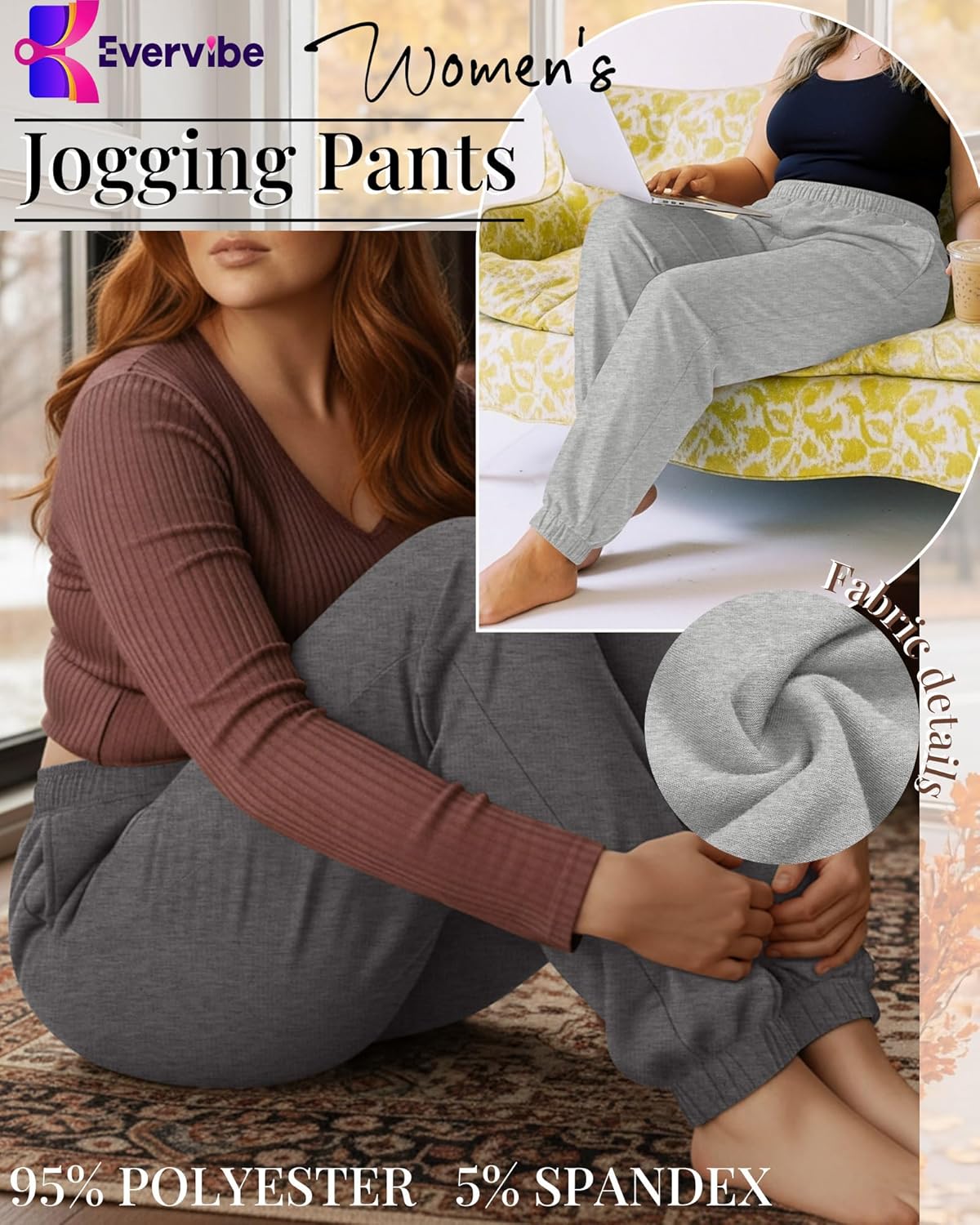 3 Pack Women's Plus Size Sweatpants Lightweight Athletic Joggers Drawstring High Waisted Lounge Pants with Pockets - Image 3