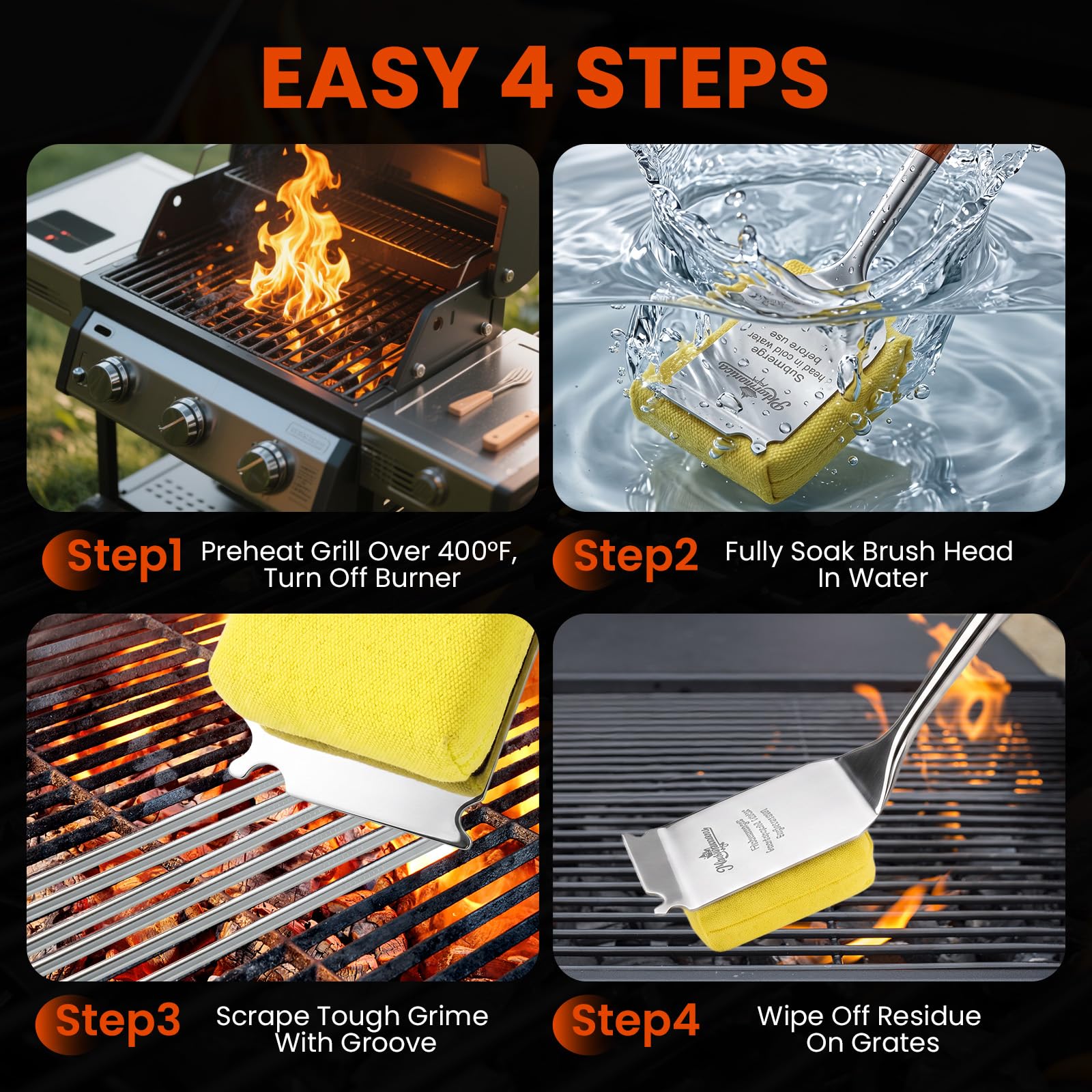 Grillbürste für Outdoor-Grill, borstenfreie Grillbürste mit Schaber, sicherer Dampfgrillreiniger für BBQ & Grillplatte, langer Rosenholzgriff erreicht Ecken, für Porzellan, Gusseisen & Edelstahlroste