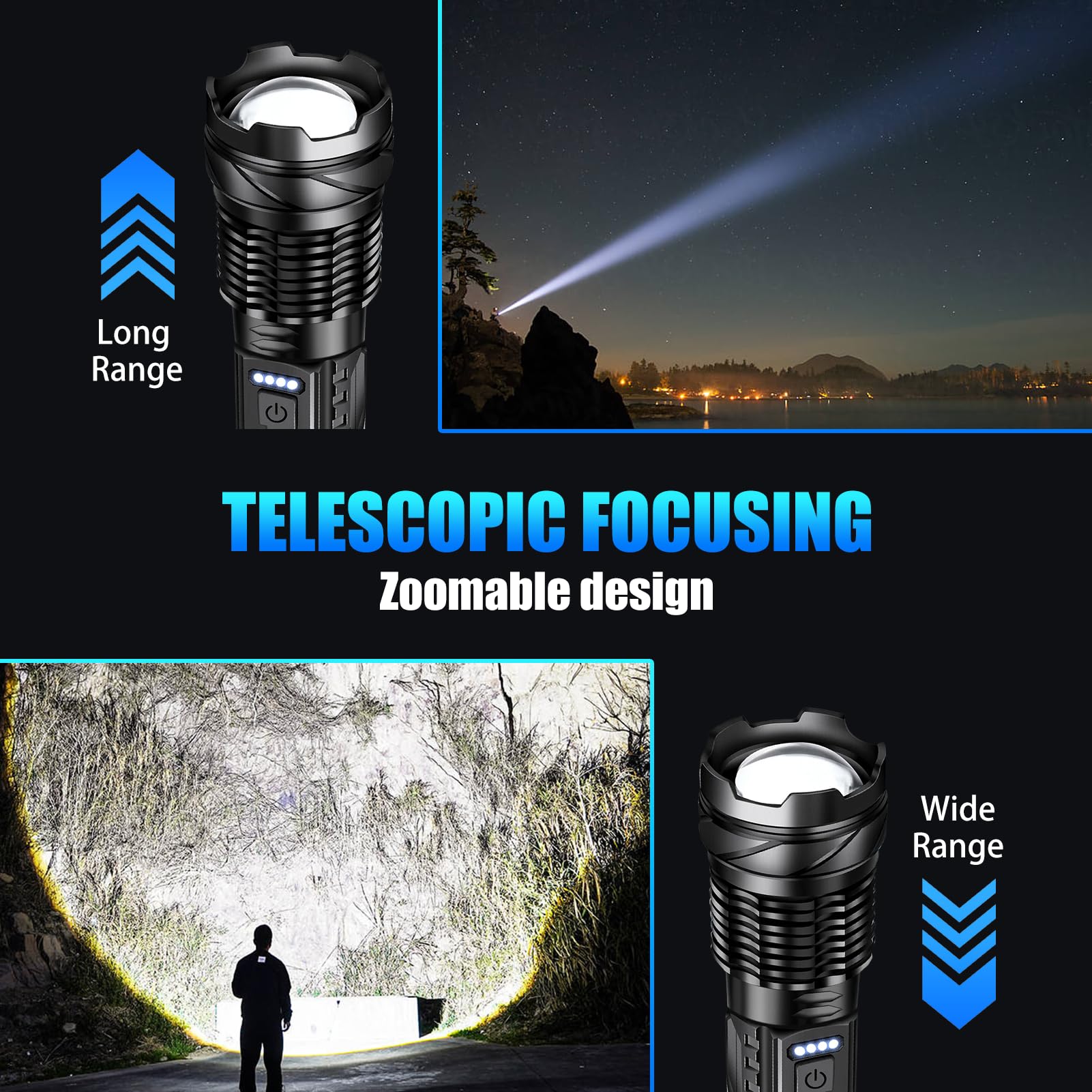 Torcia ricaricabile LED ad alta luminosità, 7 modalità di illuminazione, torcia da campeggio super luminosa, torcia tattica regolabile, torcia LED per emergenza domestica, confezione da 2