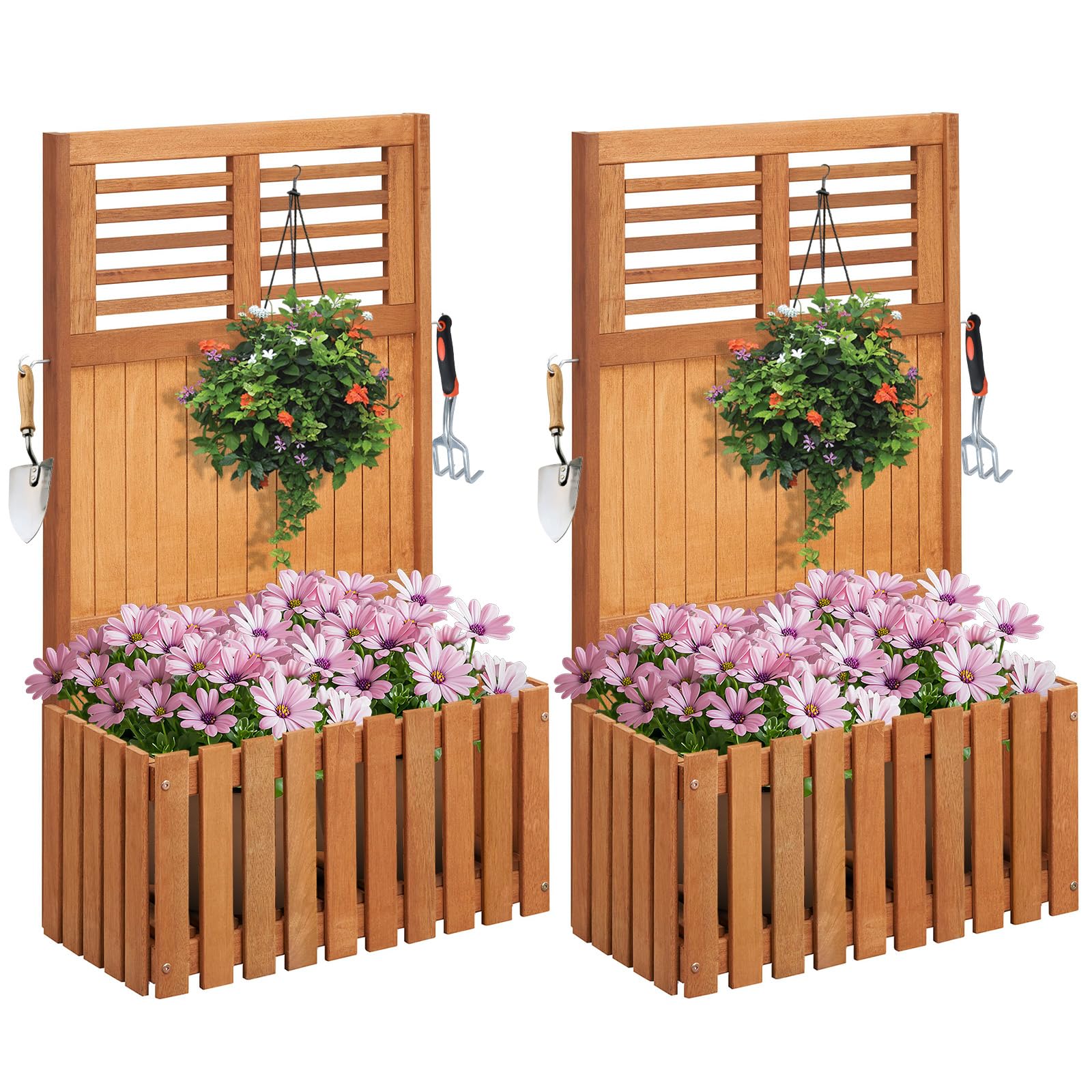 Giantex Set of 2 Raised Garden Bed with Trellis, 41” Wooden Potted Plant Box w/Privacy Screen, Trellis for Plant Flower Climbing Pot Hanging, Indoor &