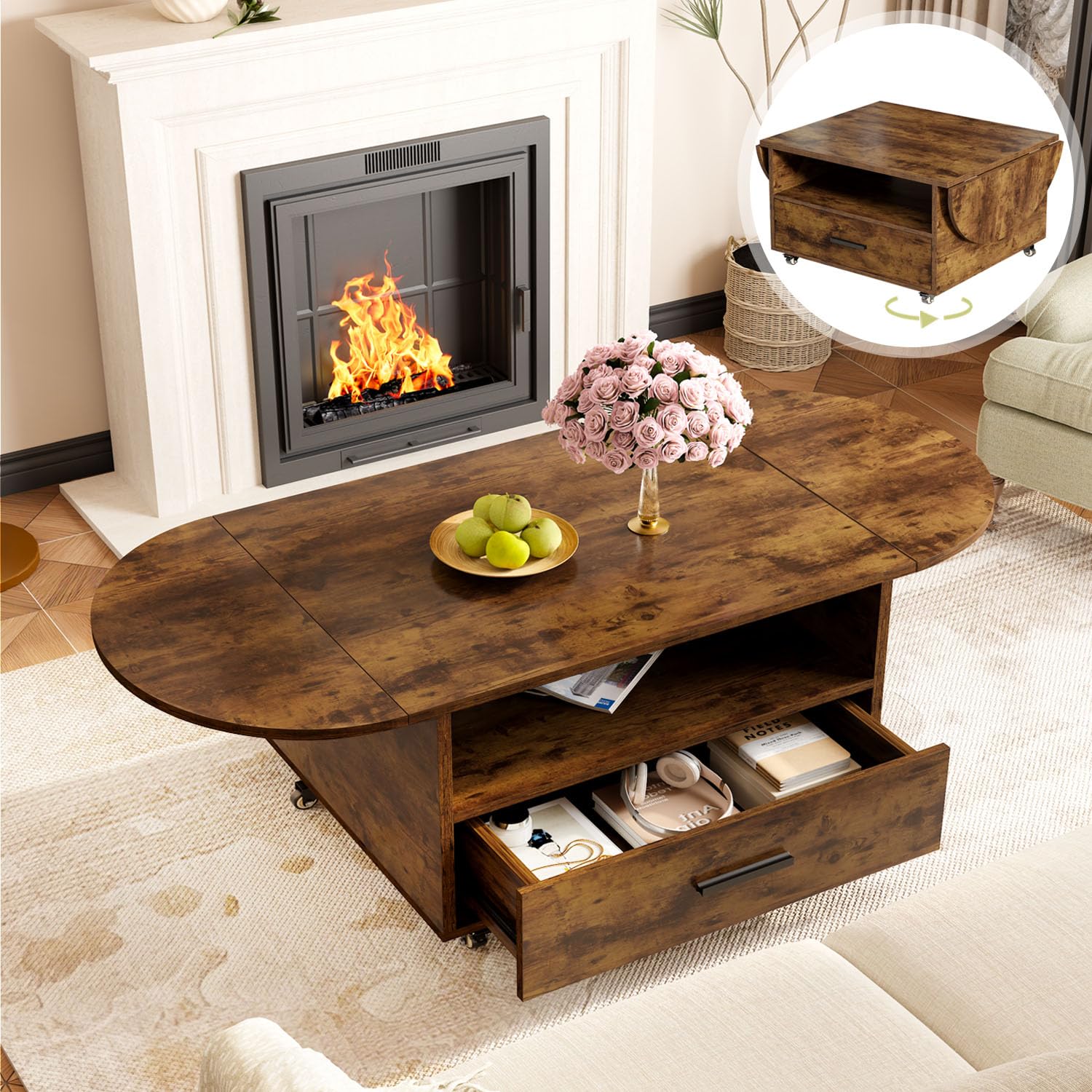 IBF Ovaler Couchtisch 120cm Braun,ausziehbar Holz-Tisch mit Rollen