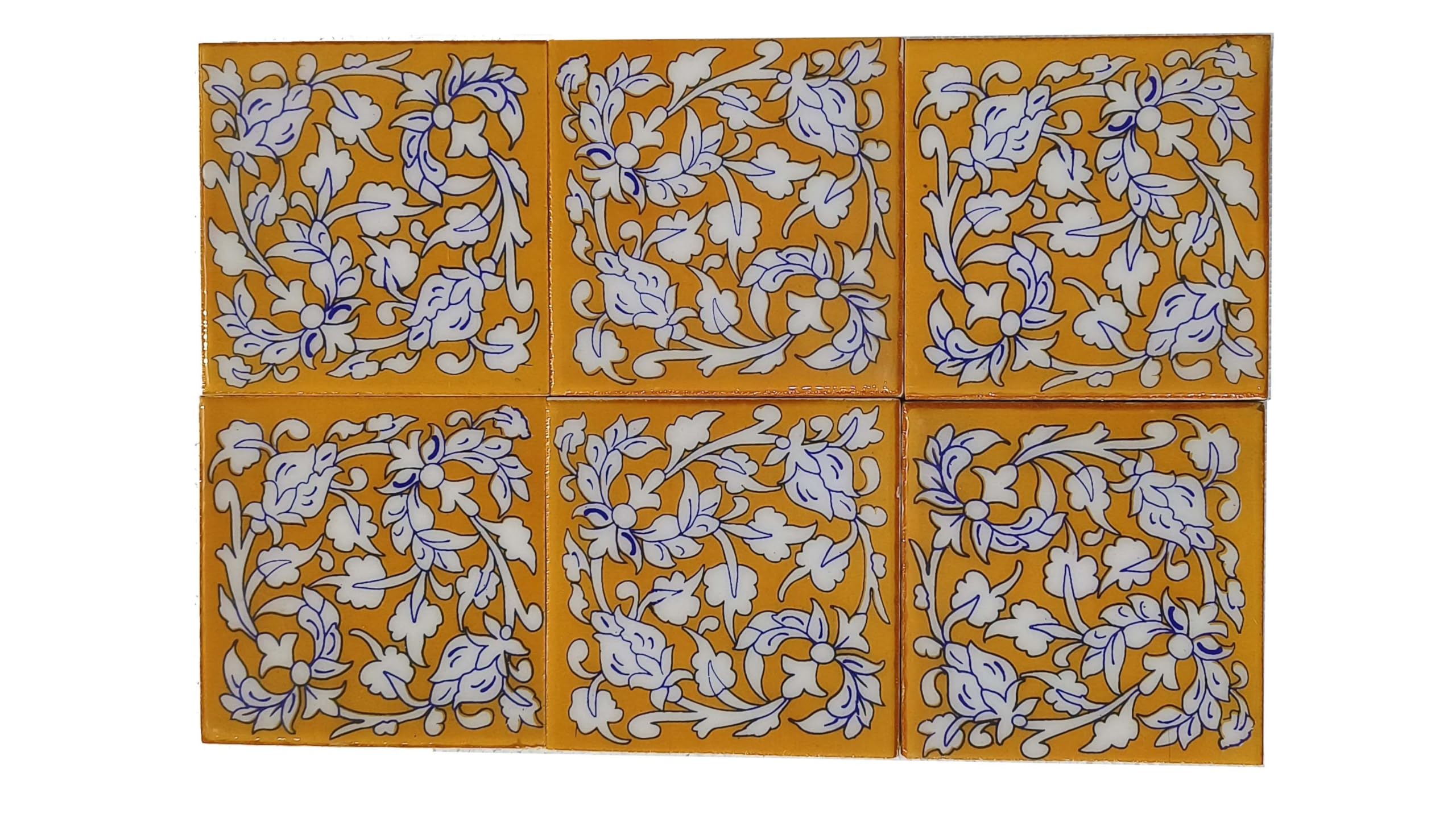 Shiv Kripa Blue Pottery Luxury Floral Decorative Crafted Tabletop Flooring Wall Interior Exterior Traditional 4 x 4 inch Tiles Pack of 6 Tiles (YALLOW)-image-35